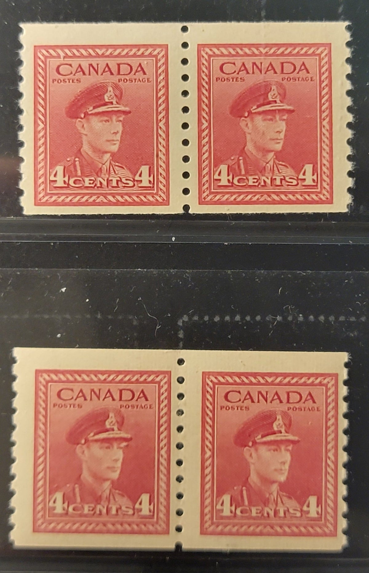 Lot 102 Canada #281 4c Dull Carmine - Carmine Red, 1948 KGVI War Issue Coils, 2 FOG Coil Pairs, CBN-RRRRRR Paper, Perf 9.5 Vertical