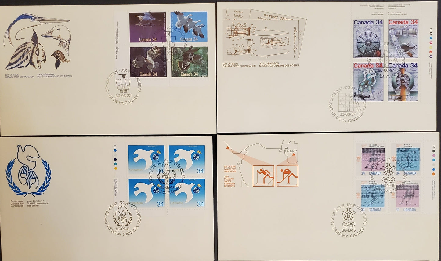 Canada #1098a, 11029, 1110, 1112a 34c Multicoloured Various Subjects, 1986 Calgary Olympics Issues, 4 VF Official Canada Post FDC's Franked With Inscription Blocks, DF, LF & MF Envelopes, DF & MF Papers