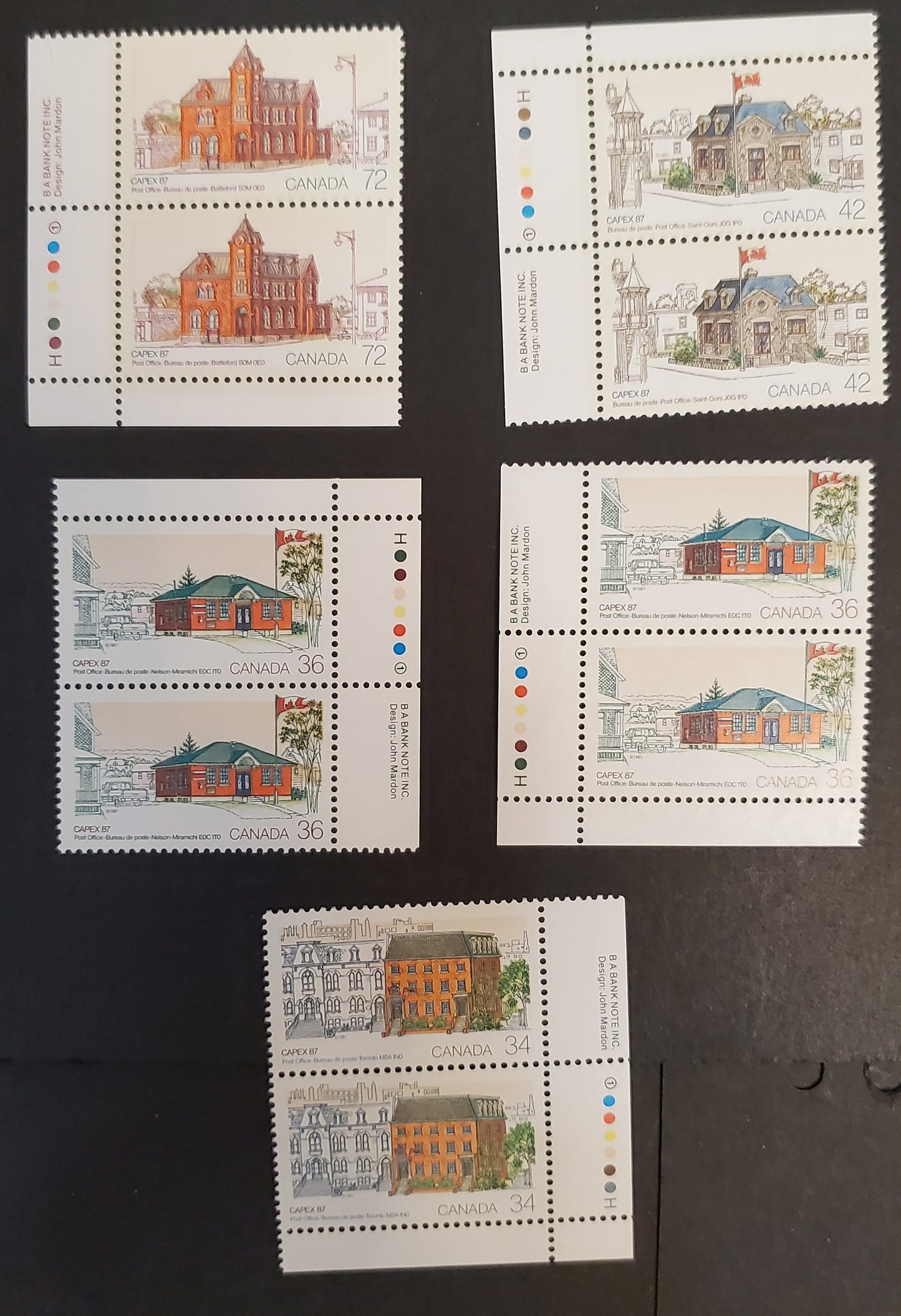 Lot 134 Canada #1122-1125 34c-72c Multicoloured Various Post Offices, 1987 CAPEX'87 Issue, 5 VFNH Plate Inscription Pairs With Different Shades on the 36c