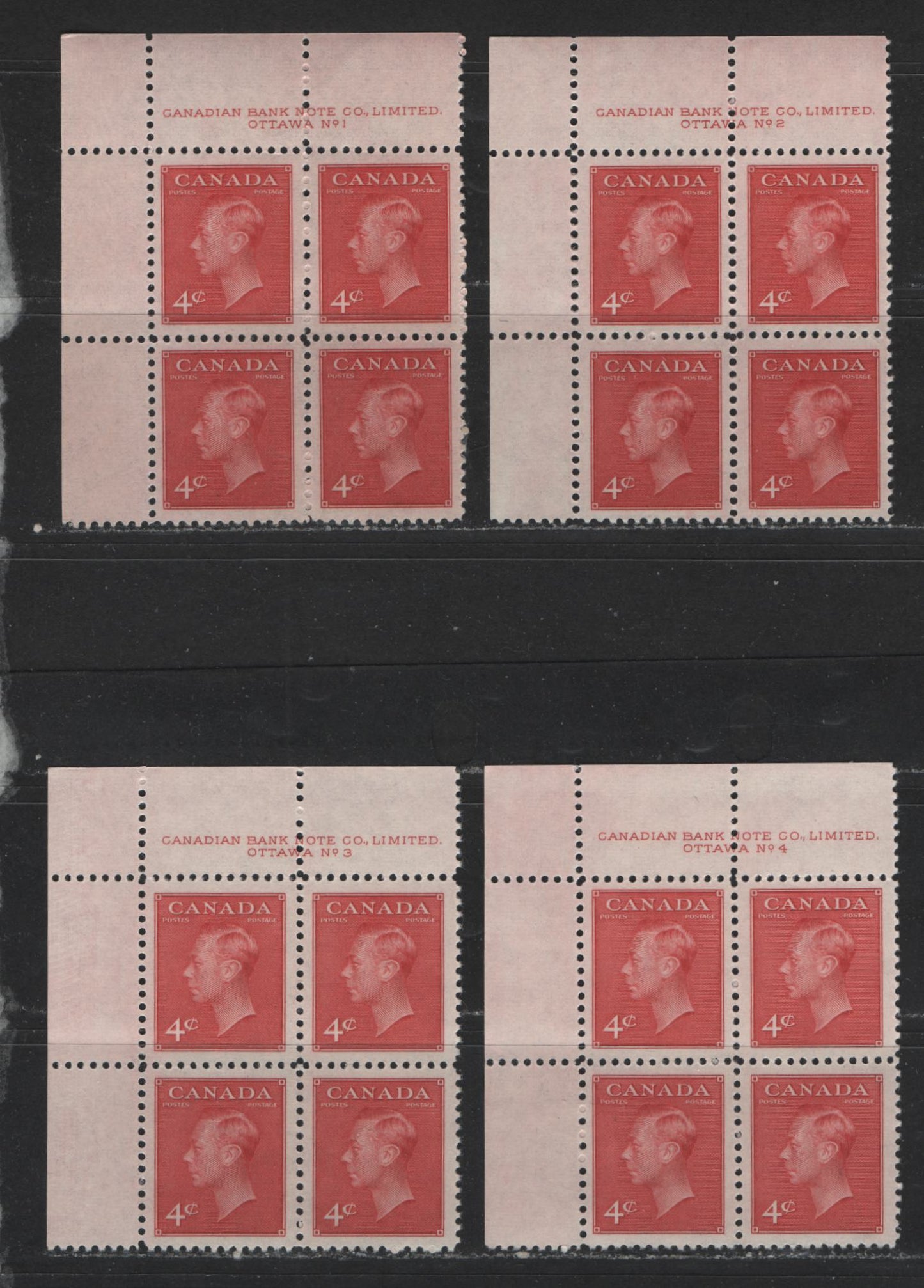 Lot 123 (C) Canada #287 4c Carmine King George VI, 1949-1952 Postes-Postage Issue, 4 VFNH UL Plate Blocks Plates 1-4