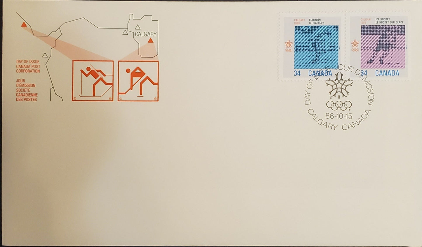 Lot 236 Canada #1112a 34c Multicoloured Biathalon & Ice Hockey, 1986 Calgary Olympics Issue, 1 VF Official Canada Post FDC With 3 Red Dots Under "A" of "Canada", DF Rolland Paper, DF Envelope