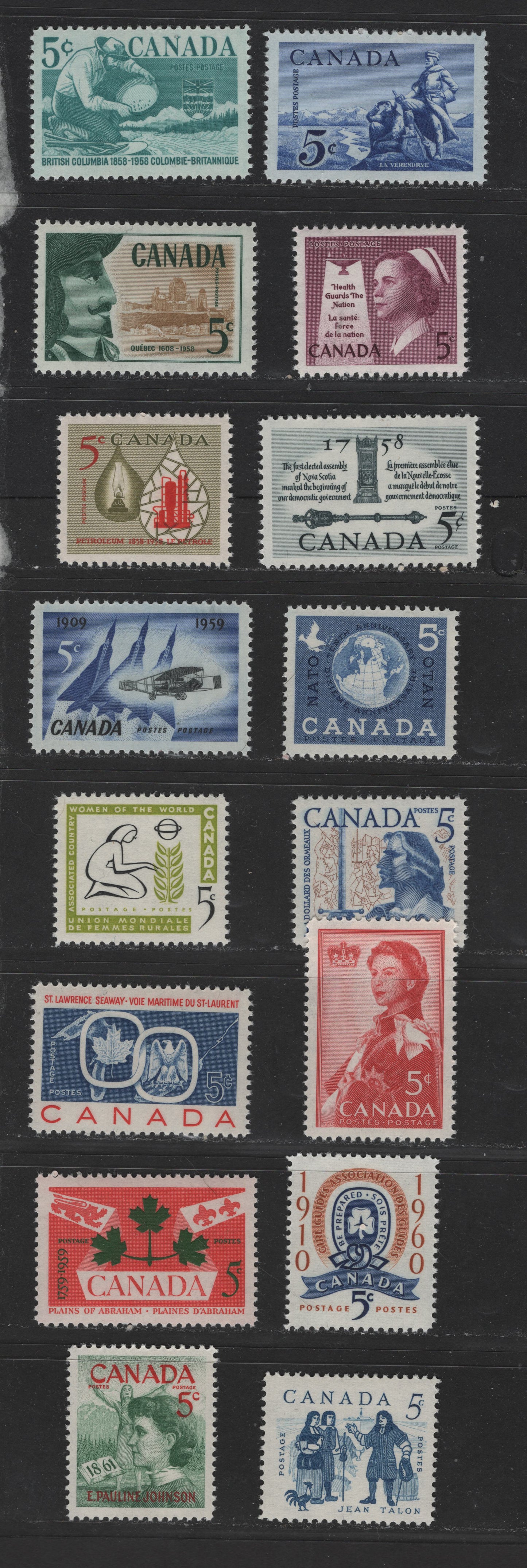 Canada #377/398 5c Deep Turquoise Green Prospector - Jean Talon, 1958-1962 BC Centenary - Jean Talon Issue, 16 VFNH Singles