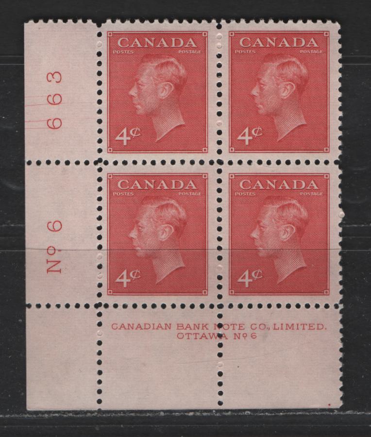 Lot 124 Canada #287 4c Carmine King George VI, 1949-1952 Postes-Postage Issue, A VFNH LL Plate Block Cracked Plate 6