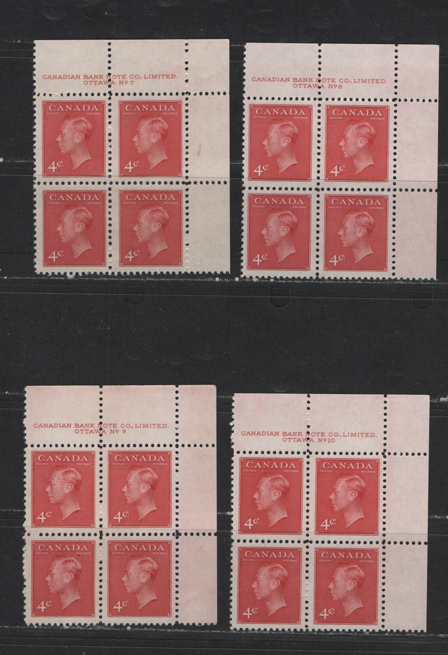 Lot 125 (C) Canada #287 4c Carmine King George VI, 1949-1952 Postes-Postage Issue, 4 VFNH UR Plate Blocks Plates 7-10