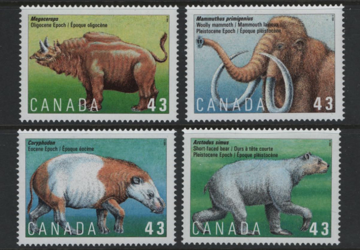 Canada #1529-1532 43c Multicoloured Coryphodon - Mammuthus Primigenius, 1994 Prehistoric Life In Canada, 4 VFNH Singles On HF Peterborough Paper