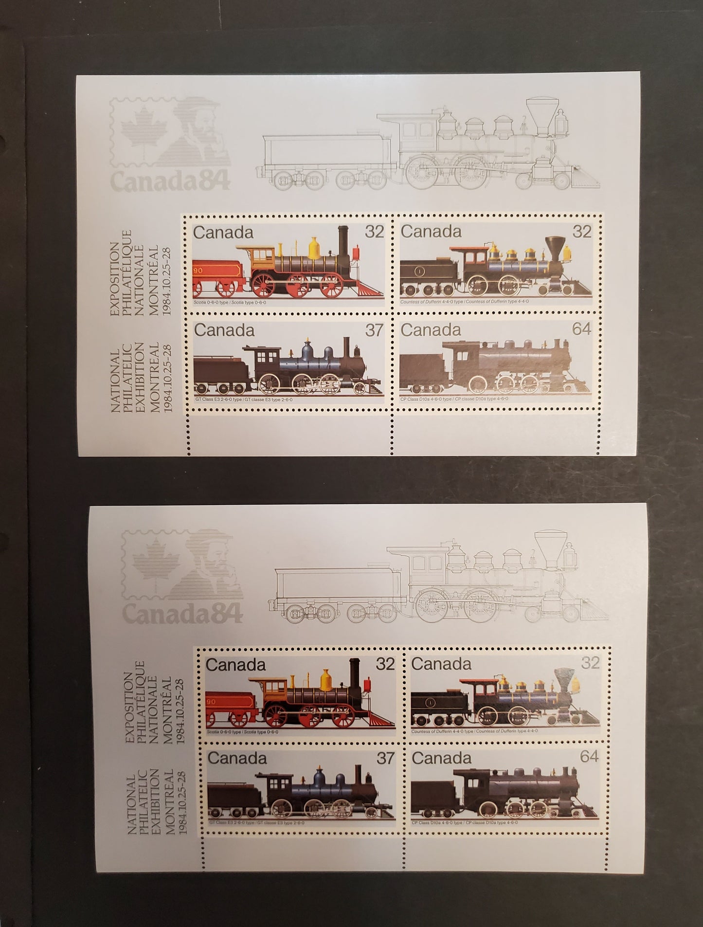 Canada 1039a 32c, 37c, 64c Multicoloured Locomotives, 1984 Canadian Locomotive Issue, 2 VFNH Souvenir Sheets of 4 DF1/DF2 & DF2/DF2 Harrison Papers