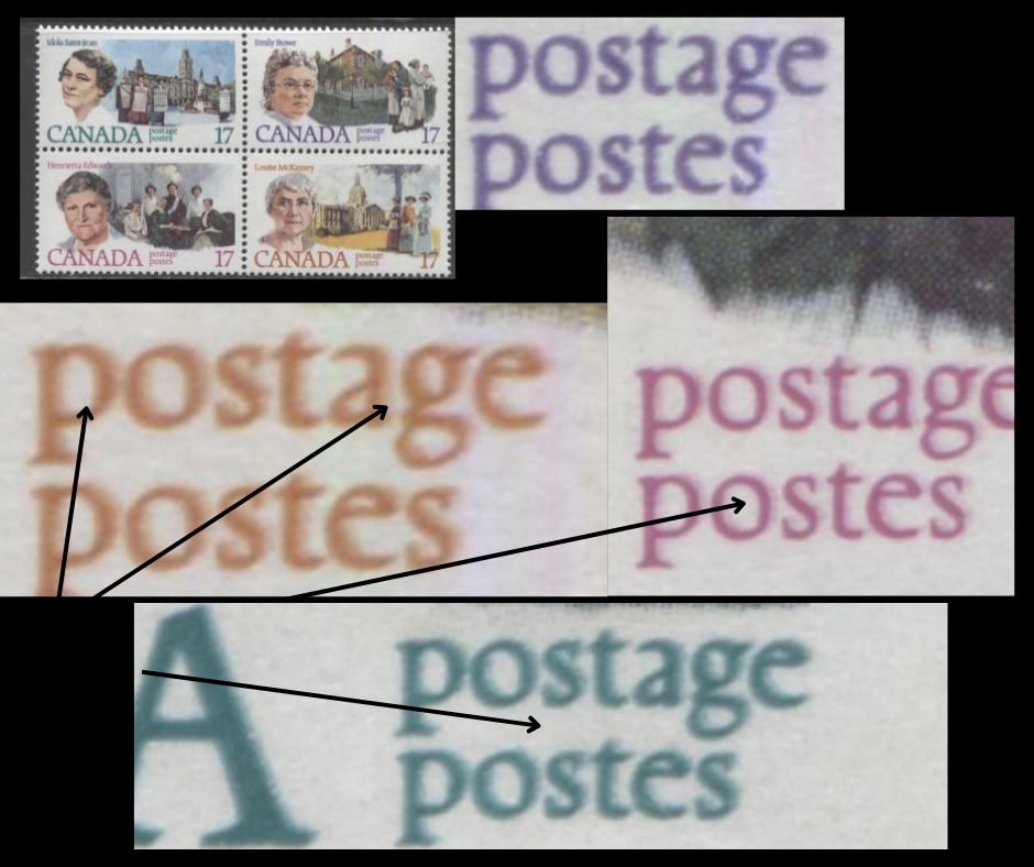 Lot 75 Canada #882avar 17c Multicoloured Canadian Feminists, 1981 Canadian Feminists Issue, A VFNH Se-Tenant Block of 4, Kiss-Print Doubling Of Inscriptions, NF/NF Paper