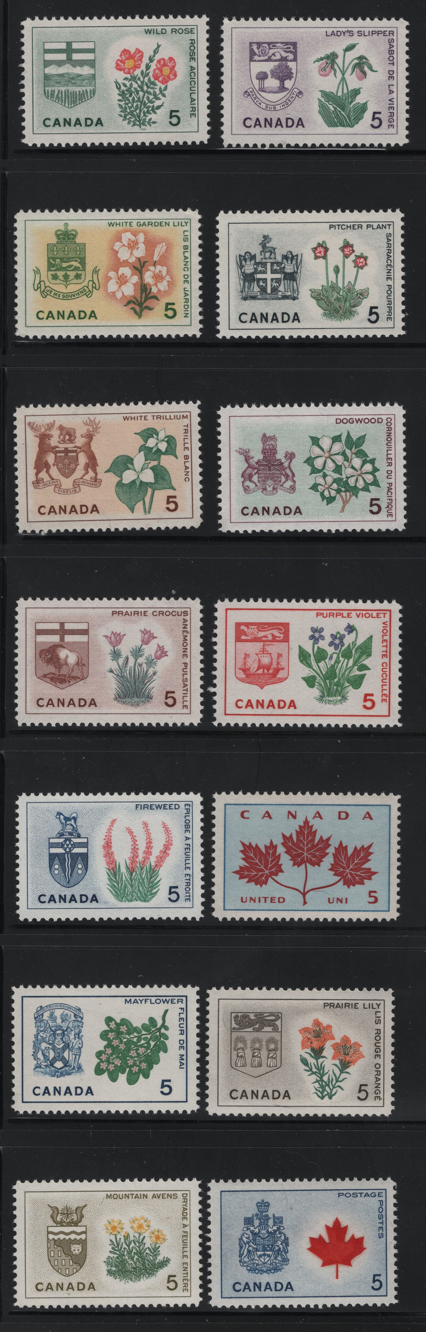 Canada #417-429A 5c Multicoloured Unity - Canada Coat Of Arms & Maple Leaf, 1964-1966 Emblems Issue, 14 VFNH Singles On DF1 Vertical Ribbed Paper With Smooth Dextrine Gum