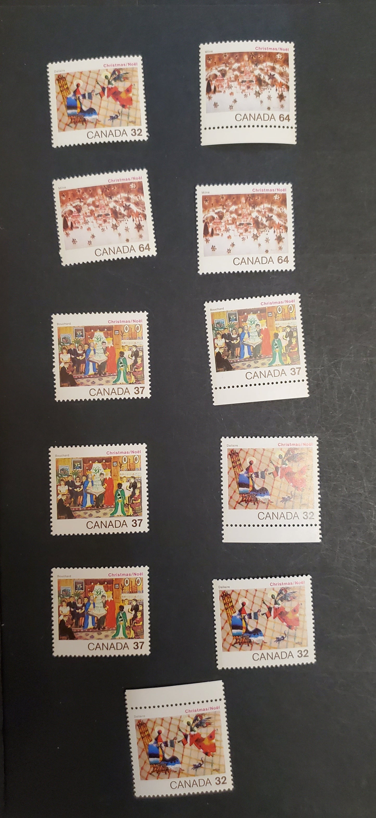 Canada 1040-1042 32c, 37c, 64c Multicoloured Christmas Scenes, 1984 Christmas Issue, 11 VFNH Singles DF2/LF3, DF2/DF2, DF2/DF1, DF1/DF1, LF/LF Harrison Papers