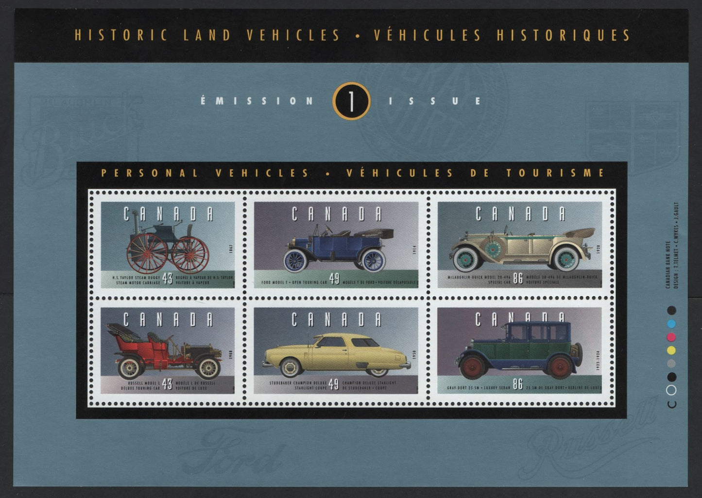 Canada #1490 43c-86c Multicoloured H.S. Taylor Steam Buggy - Gray-Dort Model 25-SM, 1993 Historic Land Vehicles Issue, A VFNH Souvenir Sheet On NF/DF1 Coated Papers Paper