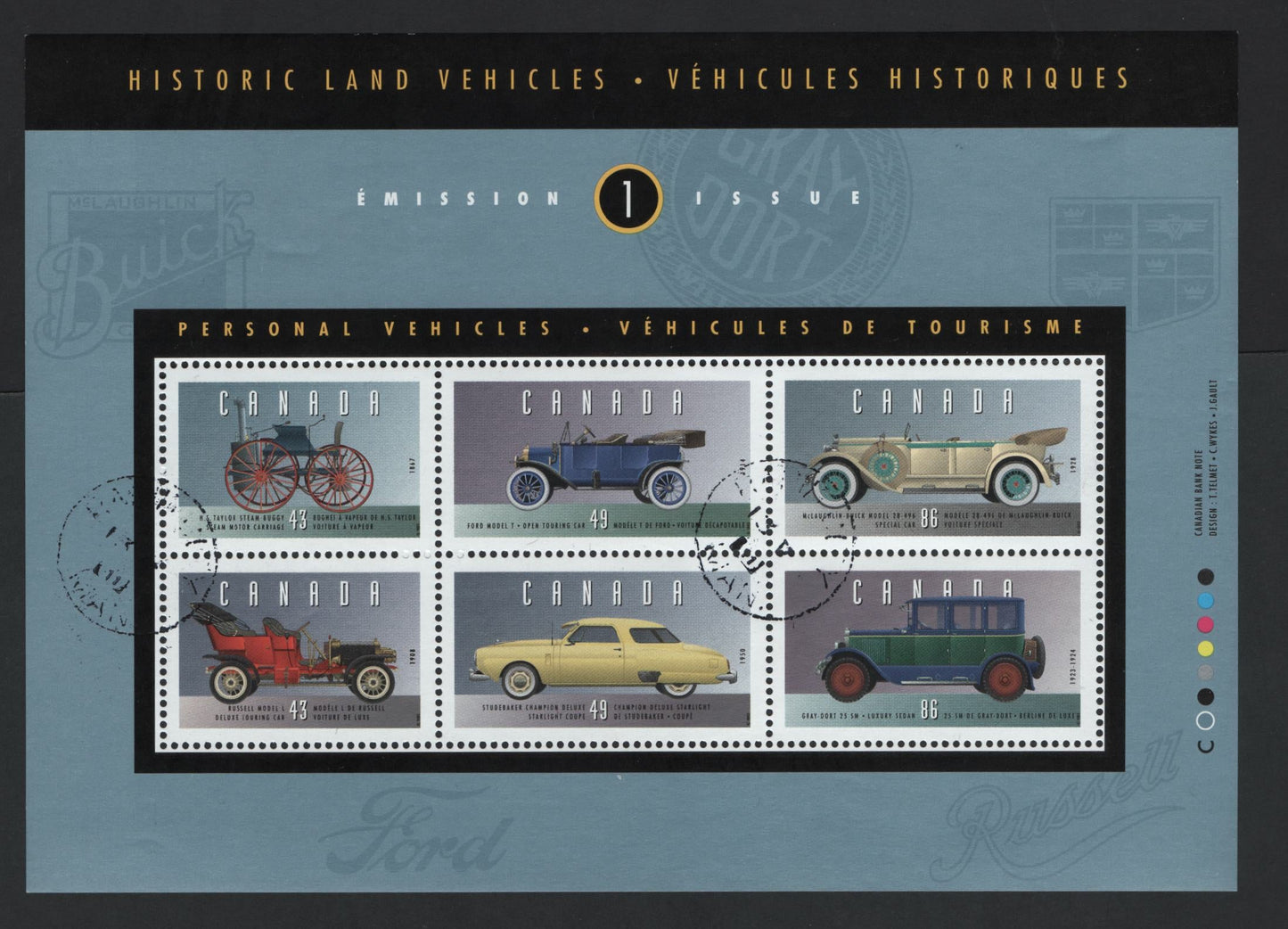 Canada #1490 43c-86c Multicoloured H.S. Taylor Steam Buggy - Gray-Dort Model 25-SM, 1993 Historic Land Vehicles Issue, A VF Used Souvenir Sheet On NF/DF2 Coated Papers Paper, May 13, 2001 Favour Cancel, Full NH Gum