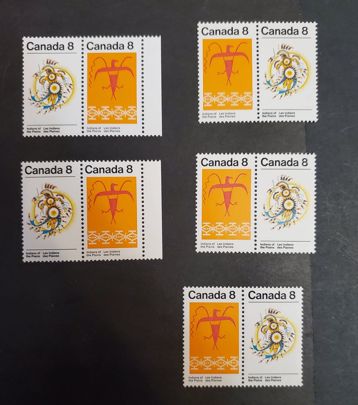 Canada #565a, 565aii 8c Multicoloured Sun Dance & Thunderbird, 1972 Plains Indians Issue, 5 VFNH Pairs DF2/DF1, DF2/NF, DF2/DF2, DF2/DF2-fl, DF2/LF3-fl Vertical Ribbed Papers