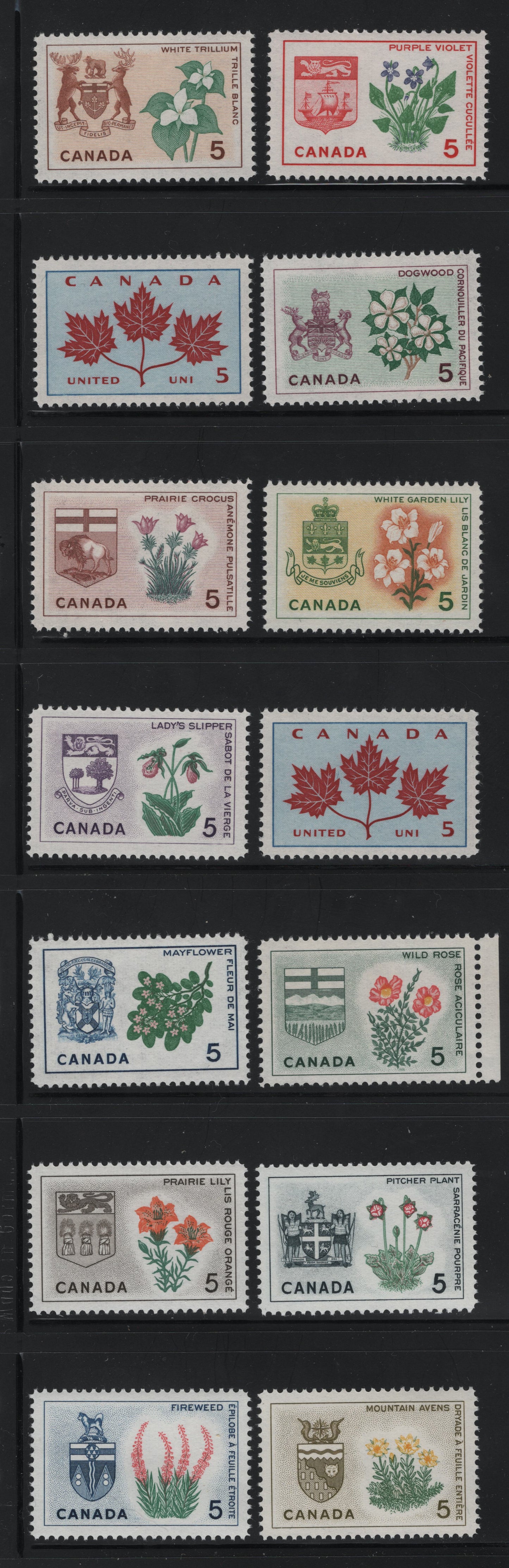 Canada #417-429 5c Multicoloured Unity - Mountain Avens, 1964-1966 Emblems Issue, 14 VFNH Singles On DF2 Vertical Ribbed Paper, Smooth Dextrine Gum, With Both Regular & Greenish Blue Shades On The Unity Stamp