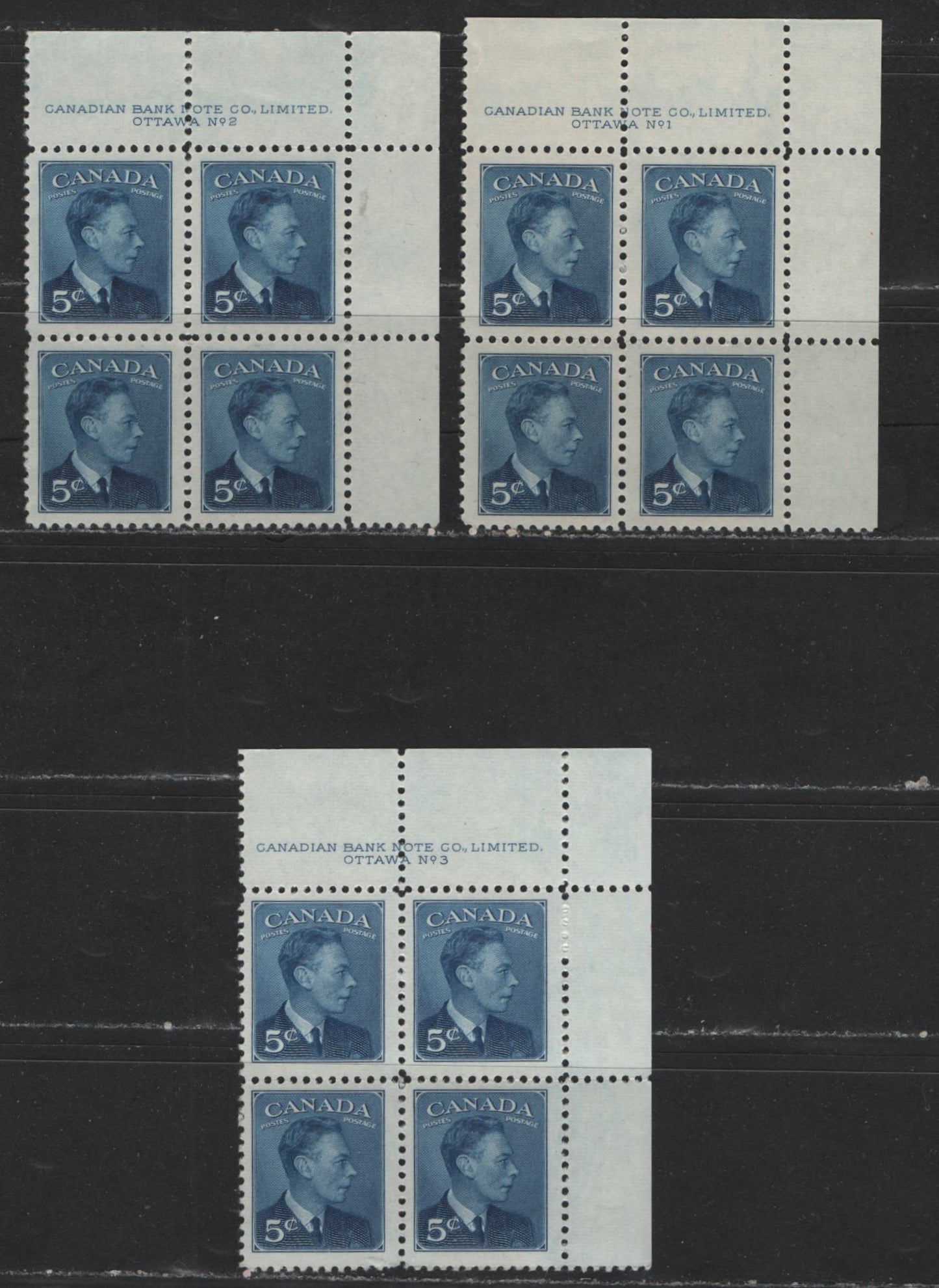 Lot 126 (C) Canada #288 5c Deep Blue King George VI, 1949-1952 Postes-Postage Issue, 3 Fine & VFNH UR Plate Blocks Plates 1-3