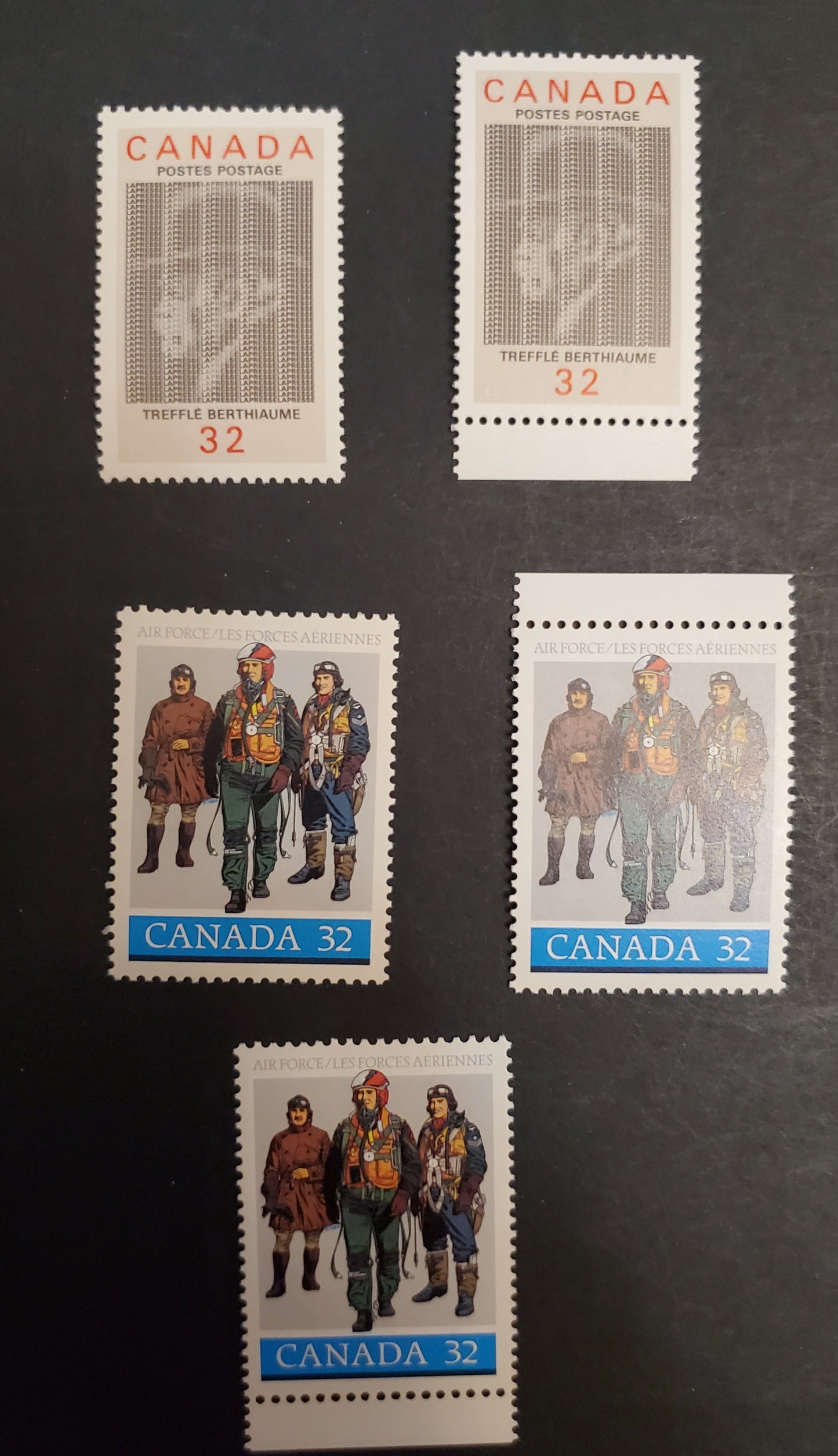 Canada 1043-1044 32c Multicoloured Pilots in Flying Gear, Treffle Berthiaume, 1984 Air Force & Treffle Berthiaume Issues, 5 VFNH Singles NF/DF1, DF1/DF2, DF2/DF2, LF/LF and HF/DF2 Harrison Papers