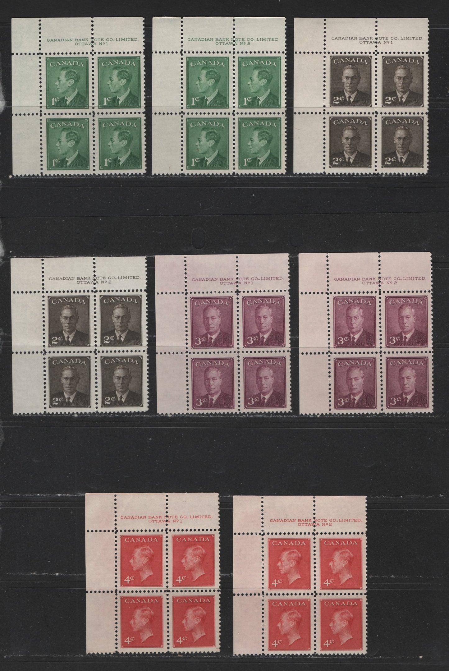 Lot 127 (C) Canada #289-292 1c-4c Green - Carmine King George VI, 1949-1952 Postes-Postage Issue, 8 VFNH UL Plate Blocks Plates 1-2