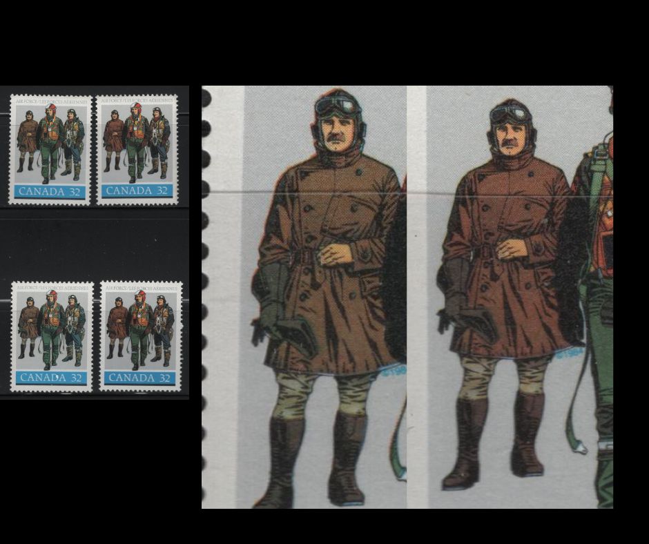 Canada 1043var 32c Multicoloured Pilots in Flying Gear, Treffle Berthiaume, 1984 Air Force Issue, 4 VFNH Singles DF1/DF2 & DF2/DF2 Harrison Papers, 2 Different Shades on Left Pilot's Jacket