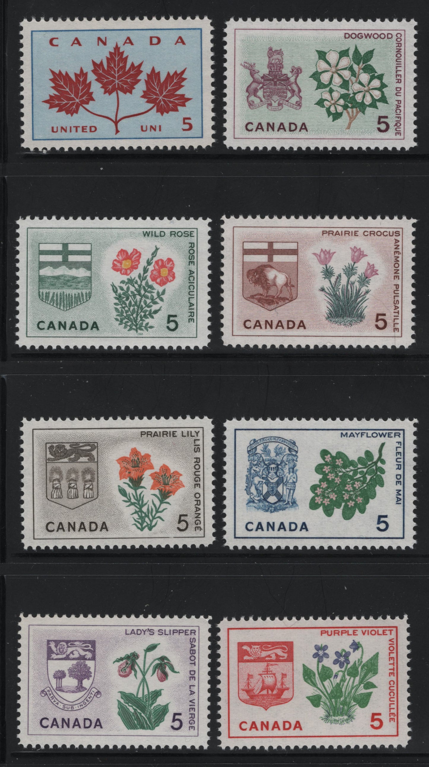 Canada #417i/426i 5c Multicoloured Unity-Wild Rose, 1964-1966 Emblems Issue, 8 VFNH Singles On LF Vertical Ribbed Paper With Smooth Dextrine Gum