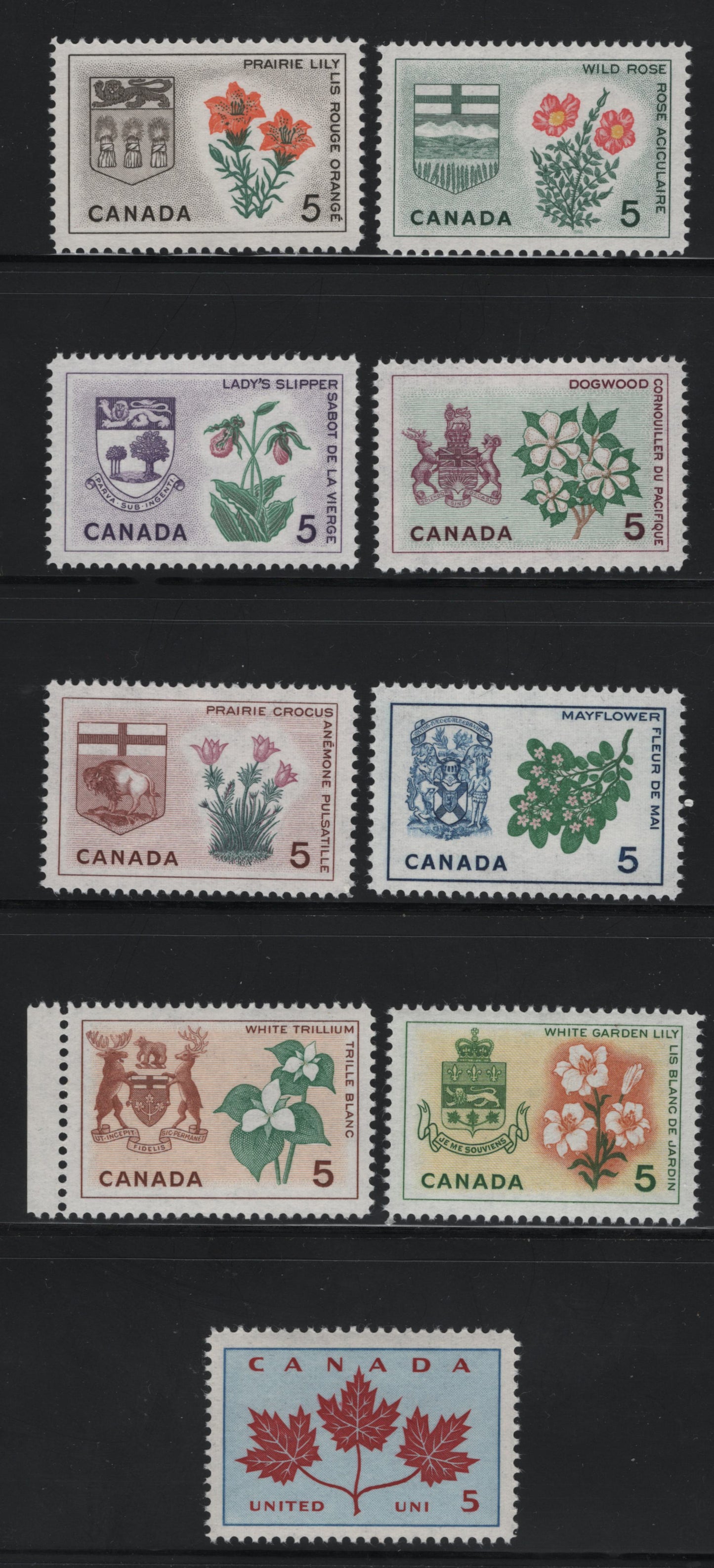 Canada #417i/426i 5c Multicoloured Unity-Wild Rose, 1964-1966 Emblems Issue, 9 VFNH Singles On LF Vertical Ribbed Paper With Streaky Dextrine Gum