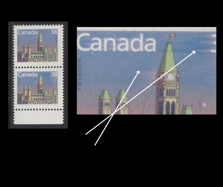 Lot 82 Canada #1165var 38c Multicoloured Parliament Buildings, 1987-1991 Mammal & Architecture Issue, A VFNH Pair Doctor Blade Flaw/Smudge Of Blue On Lower Stamp