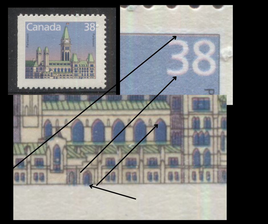 Lot 83 Canada #1165asvar 38c Multicoloured Parliament Buildings, 1987-1991 Mammal & Architecture Issue, A VFNH Single Downward Shift of Black & Upward Shift of Red Colour