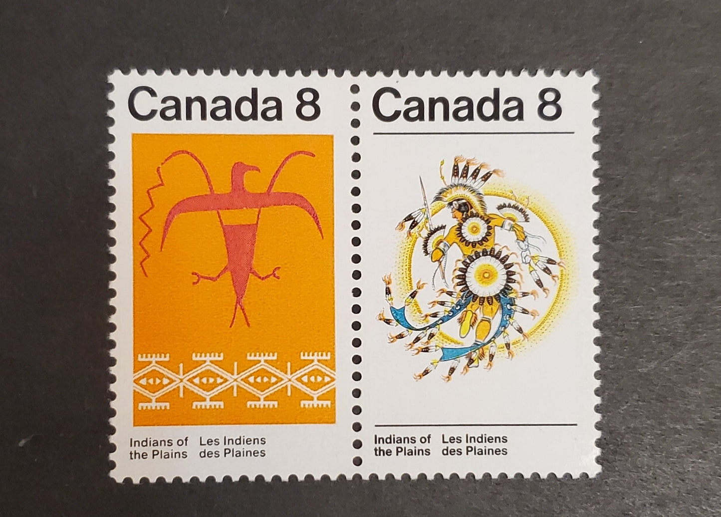 Lot 92 Canada #565biivar 8c Multicoloured Sun Dance & Thunderbird, 1972 Plains Indians Issue, A VFNH Pair Tagged, DF2/LF3-fl Vertical Ribbed Paper