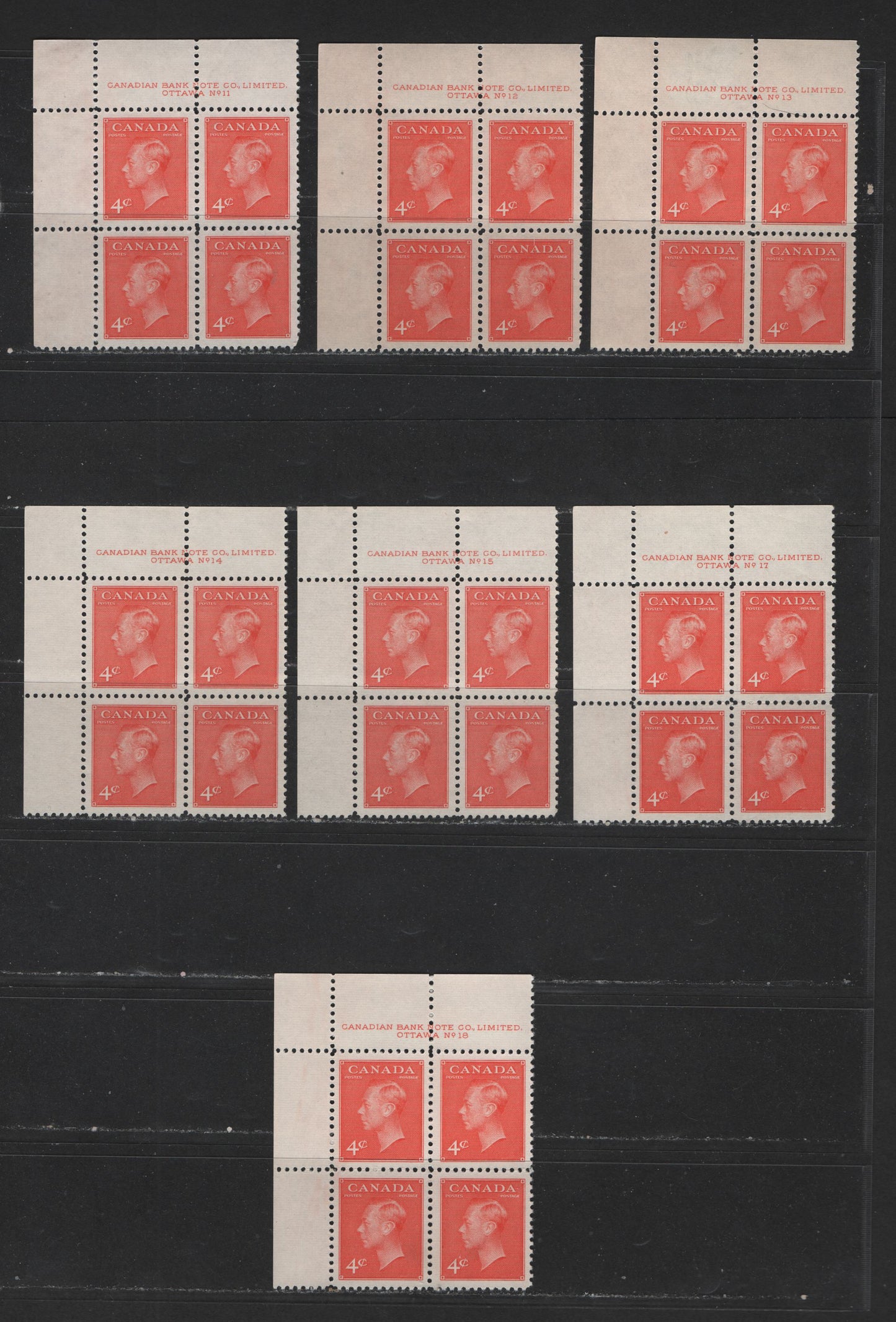 Lot 129 (C) Canada #306 4c Vermilion King George VI, 1949-1952 Postes-Postage Issue, 7 VFNH UL Plate Blocks Plates 11-18