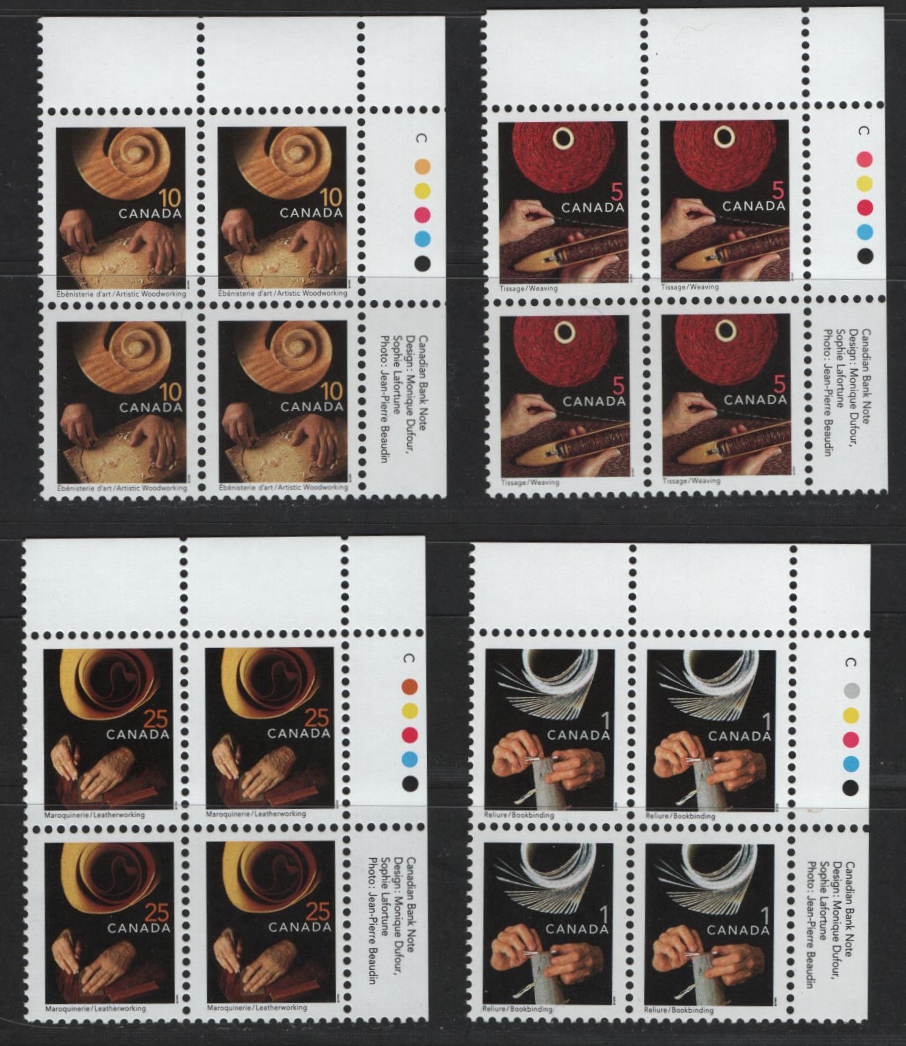 Canada #1673i, 1677i, 1679i, 1680i 1c, 5c, 10c, 25c Multicoloured Bookbinding - Leatherworking, 1999-2007 Traditional Trades Definitives, 4 VFNH UR Inscription Blocks 2000-2001 Initial CBN Reprints, With Fully Perforated Selvedge