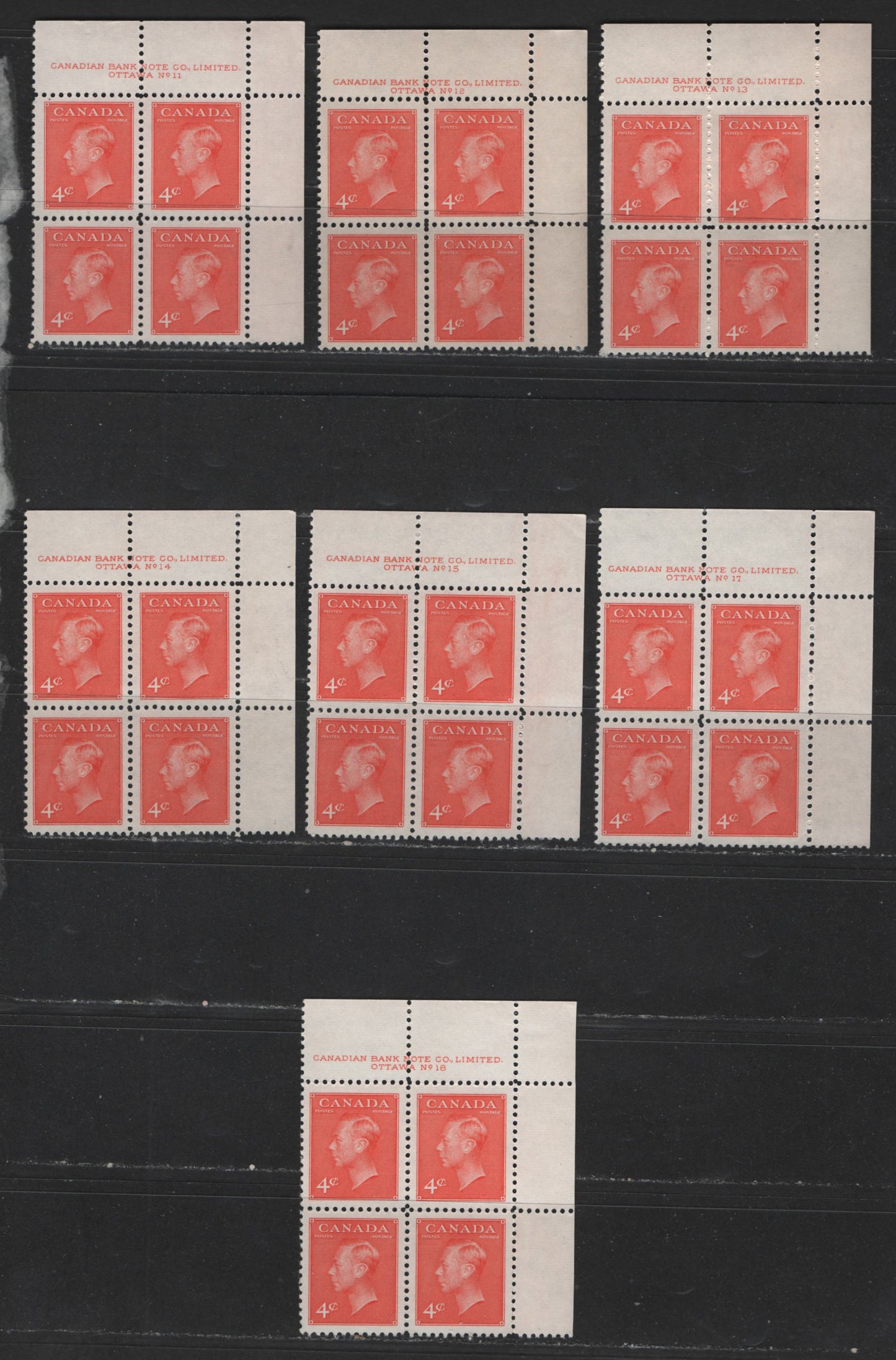 Lot 129 (C) Canada #306 4c Vermilion King George VI, 1949-1952 Postes-Postage Issue, 7 VFNH UR Plate Blocks Plates 11-18