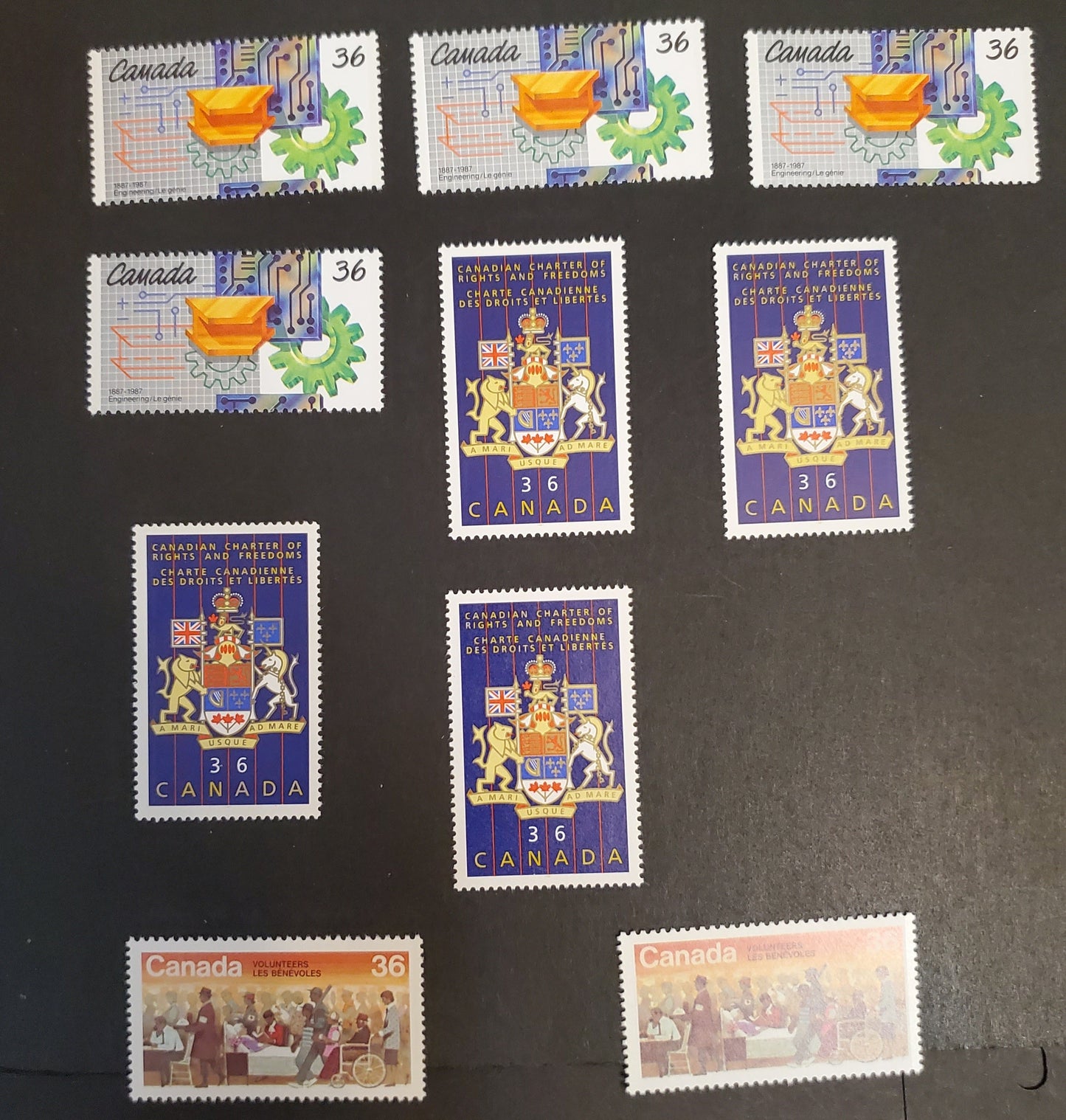 Lot 135 Canada #1132-1134i 36c Multicoloured Various Subjects, 1987 Volunteers - Engineering Issues, 10 VFNH Singles On DF/DF, LF/LF, F/F, MF/MF And DF/LF Rolland Papers