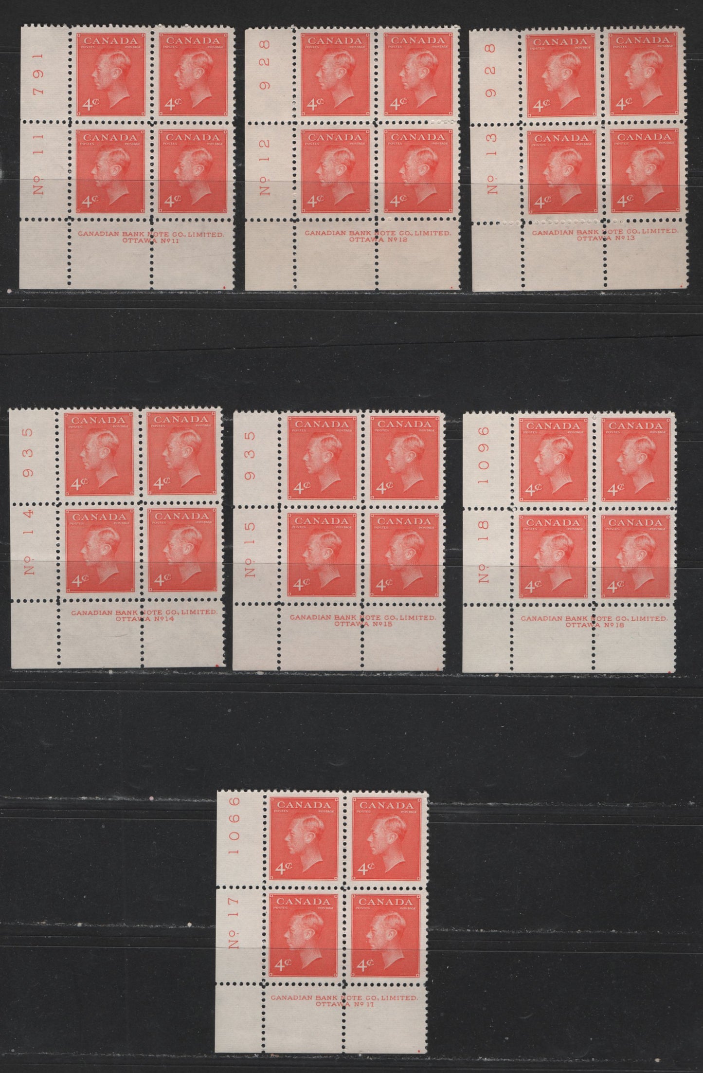 Lot 130 Canada #306 4c Vermilion King George VI, 1949-1952 Postes-Postage Issue, 7 VFNH LL Plate Blocks Plates 11-18