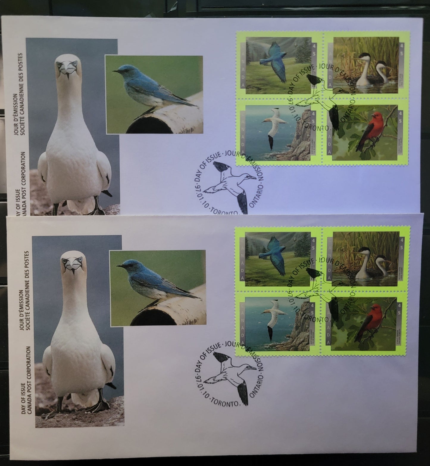 Canada #1631-1634 45c Multicoloured Mountain Bluebird - Scarlet Tanager, 1997 Birds Of Canada, 2 VF Canada Post FDC's Franked With Se-Tenant Blocks, Fluorescent & HF Envelopes