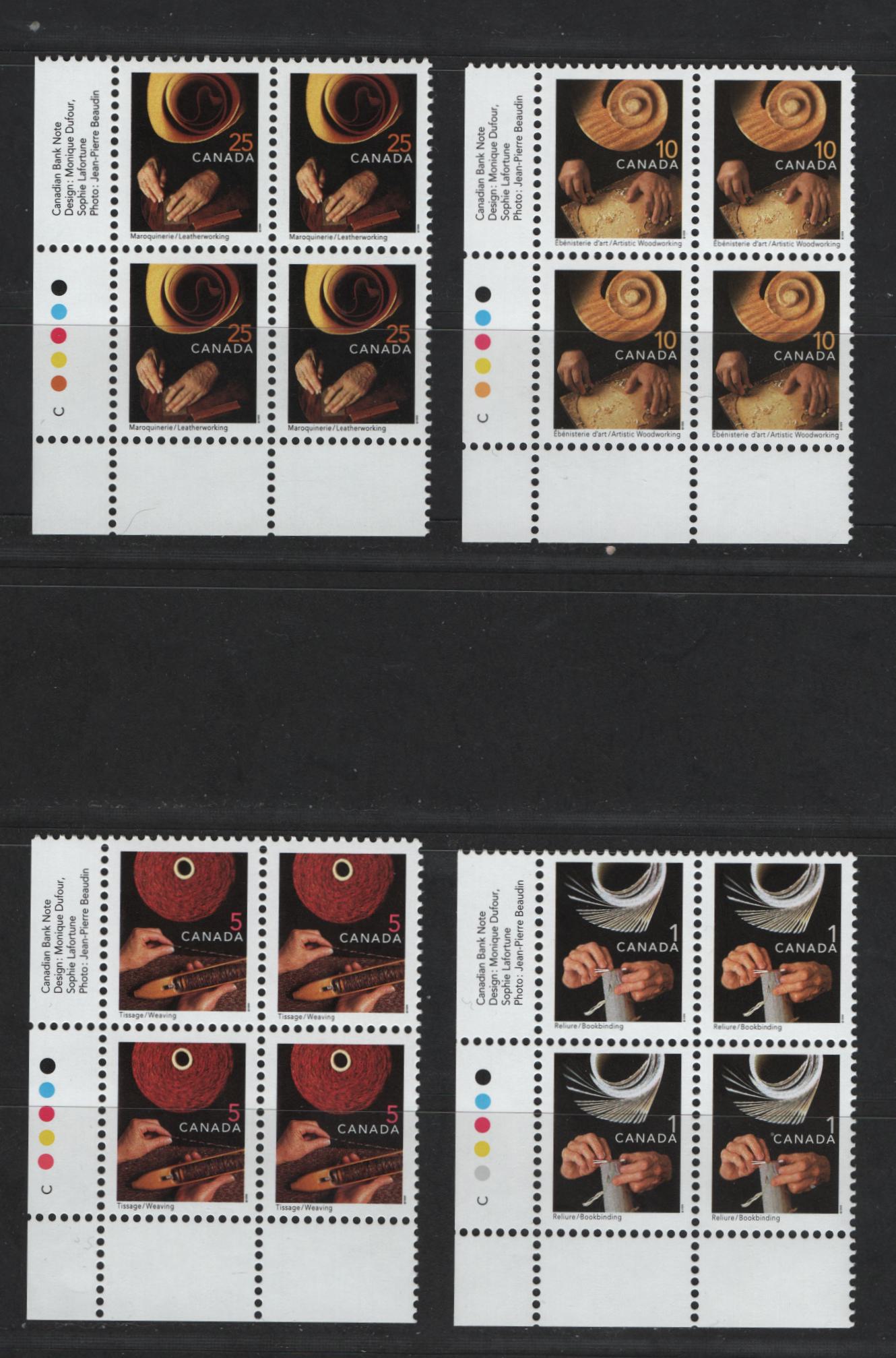Canada #1673i, 1677i, 1679i, 1680i 1c, 5c, 10c, 25c Multicoloured Bookbinding - Leatherworking, 1999-2007 Traditional Trades Definitives, 4 VFNH LL Inscription Blocks 2000-2001 Initial CBN Reprints, With Fully Perforated Selvedge