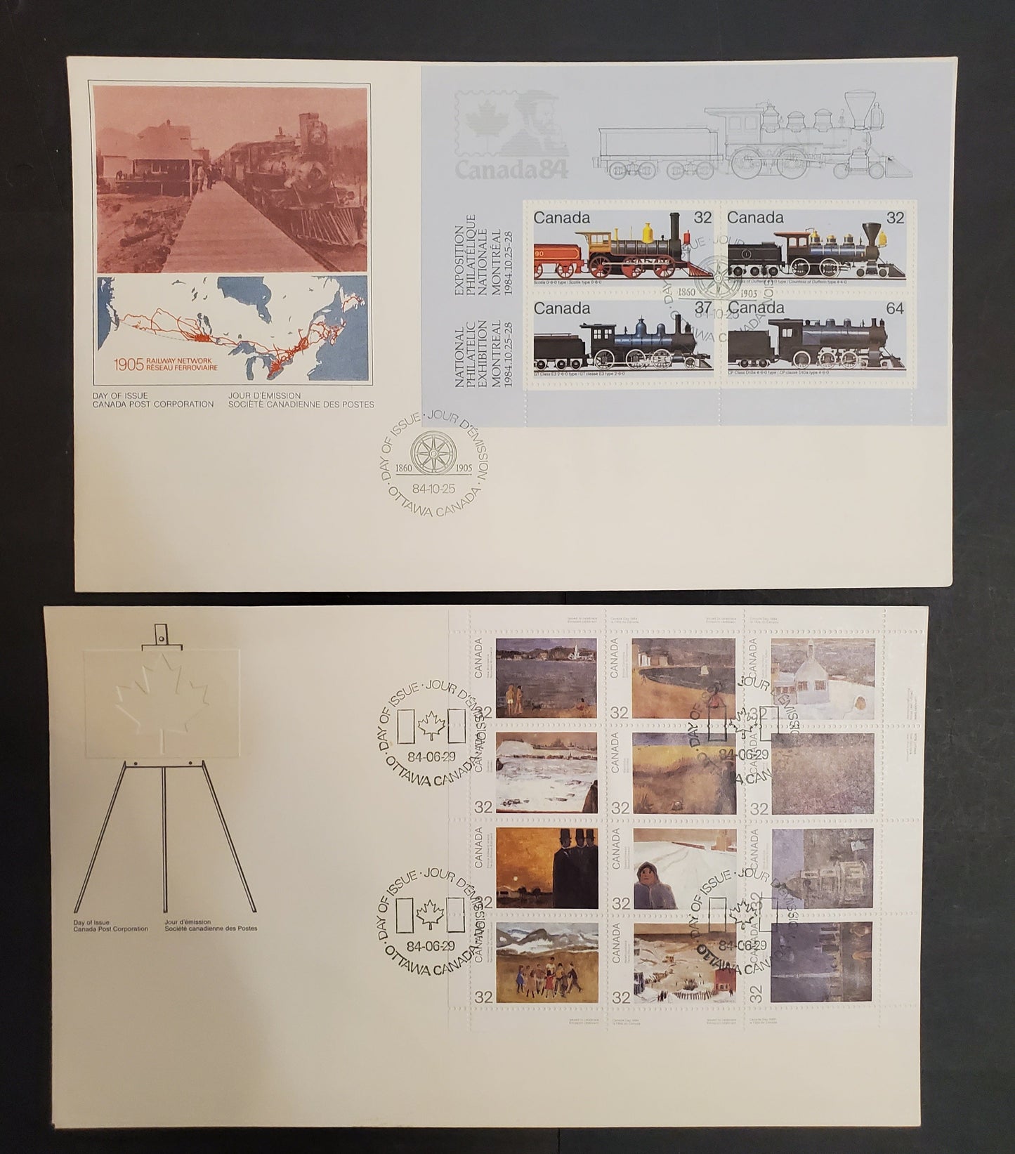 Canada 1027a, 1039a 32c, 37c, 64c Multicoloured Various Scenes & Locomotives, 1984 Canada Day & Locomotives Issues, 2 VF Canada Post Official FDC's LF and DF Cream Envelopes