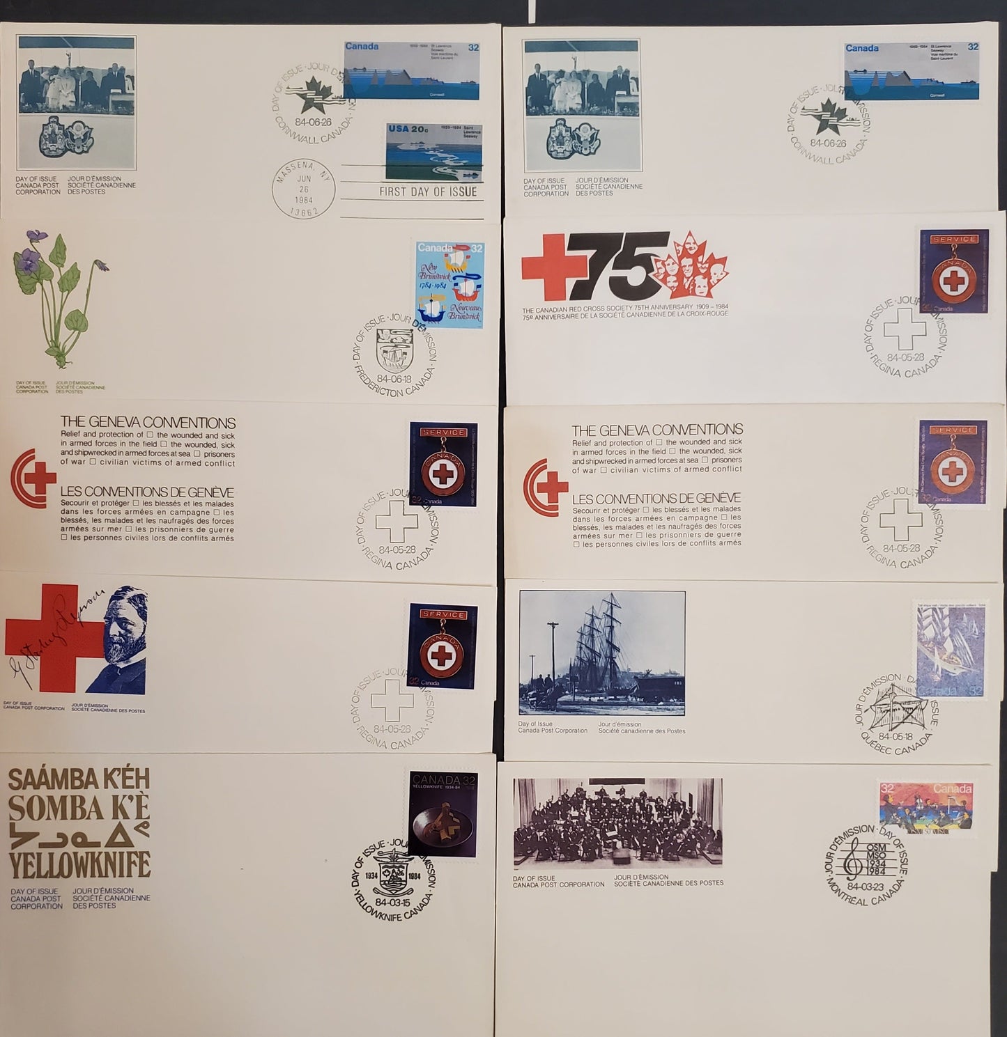 Canada 1009-1010, 1012-1015 32c Multicoloured Various Subjects, 1984 50th Anniversary of Yellowknife - St. Lawrence Seaway Issues, 10 VF Canada Post Official FDC's DF and LF Cream Envelopes