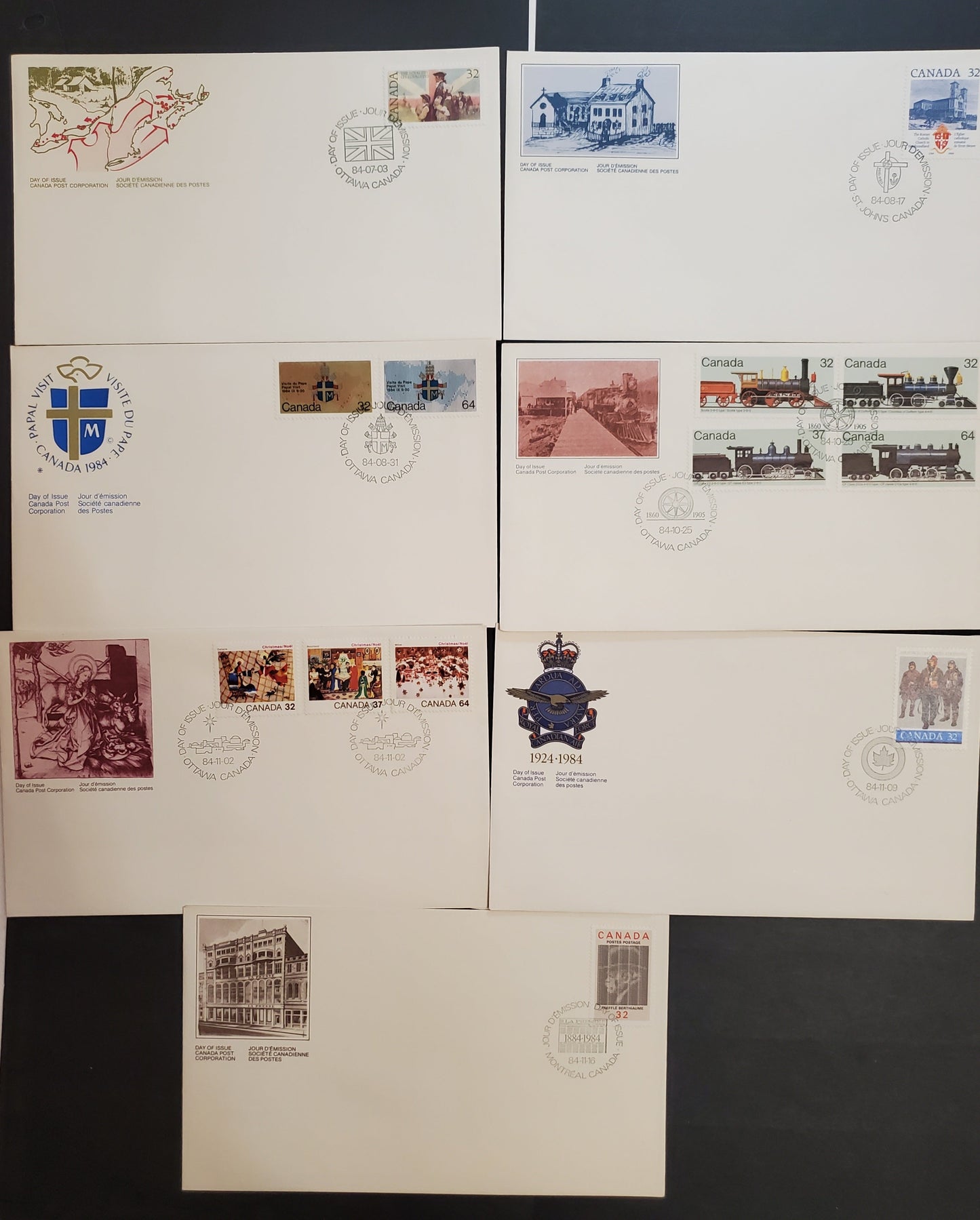 Canada 1028-1031, 1036-1044 32c, 37c, 64c Multicoloured Various Scenes, 1984 United Empire Loyalists - Christmas Issues, 7 VF Canada Post Official FDC's DF Cream Envelopes, LF and HF Harrison Papers