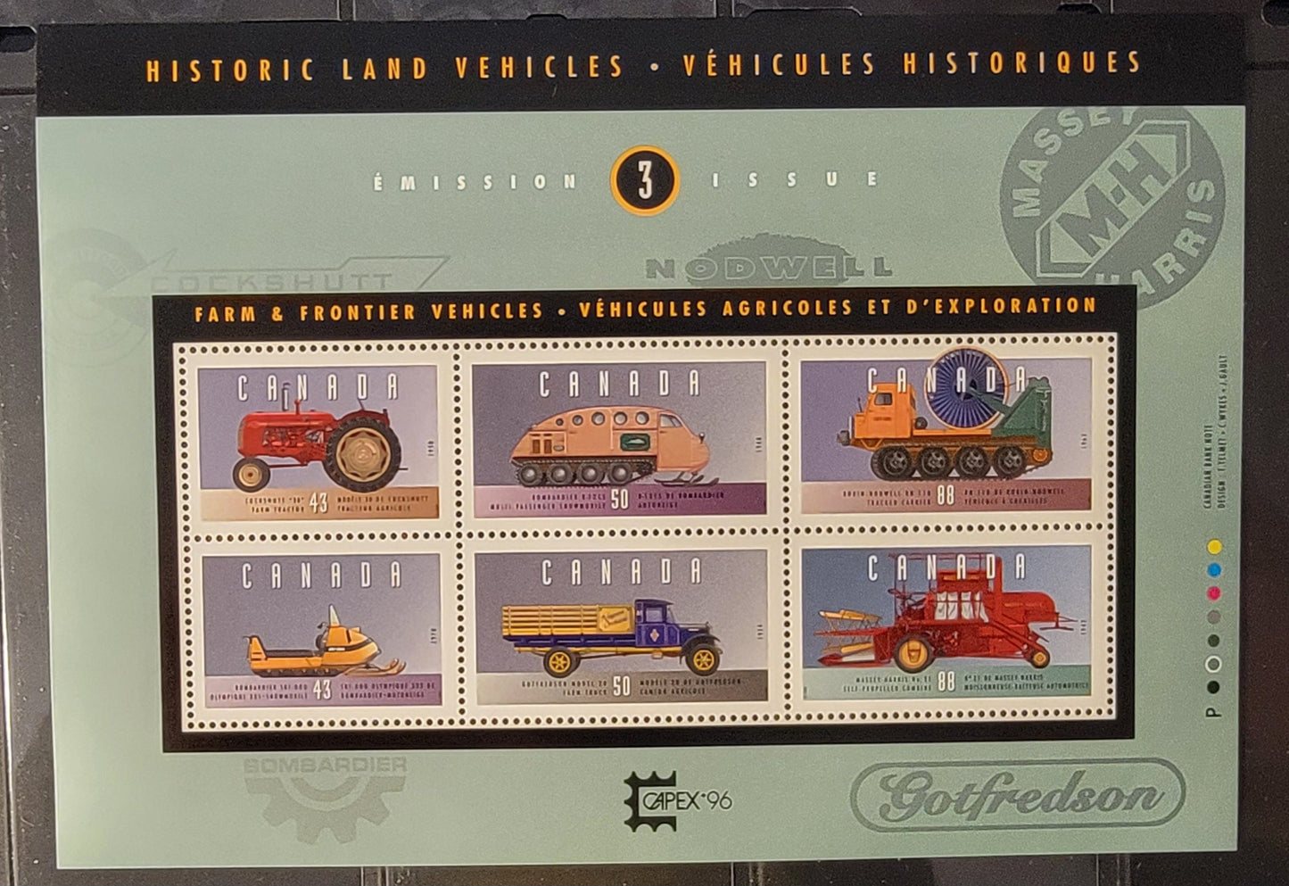 Canada #1552i 43c-88c Multicoloured Cockshutt "30" Tractor - Massey Harris #21 Combine, 1995 Historic Land Vehicles Issue, On MF Peterborough Paper