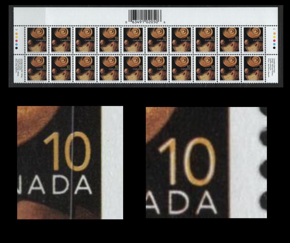 Lot 143 Canada #1679iivar 10c Woodworking, 1999-2007 Trades Definitives, A VFNH Top Inscription Block Of 20 November 2001 CBN Reprint, With Imperforate Top Selvedge, Upright Barcode, With Progressive Rightward Shift Of Orange, Creating White In "10"