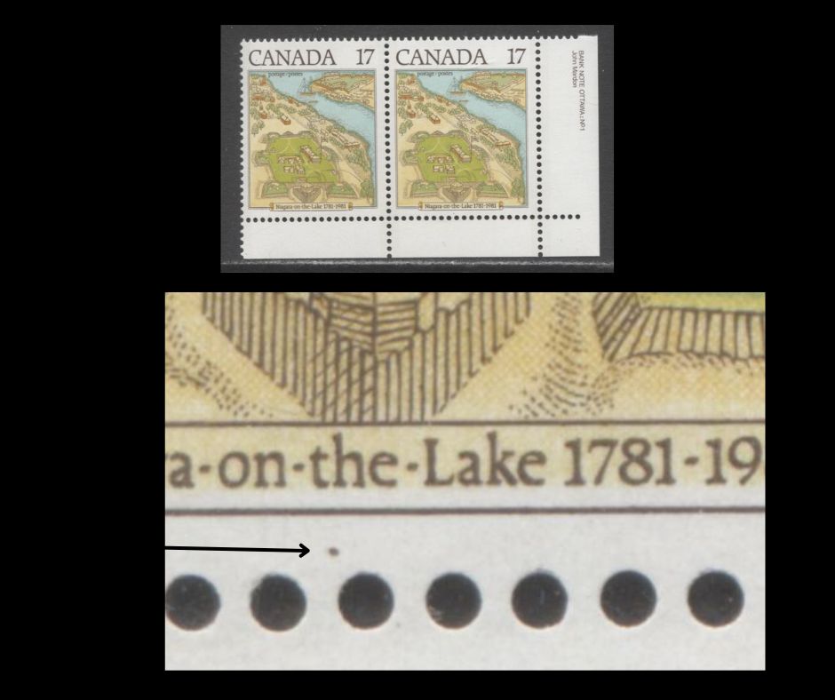 Lot 83 Canada #897var 17c Multicoloured Town View, 1981 Niagara-On-The-Lake Issue, A VFNH LR Horizontal Pair, Brown Dot Under "The" (Pos. 50), DF1/DF1 Blue Grey Paper, Tertiary or Constant