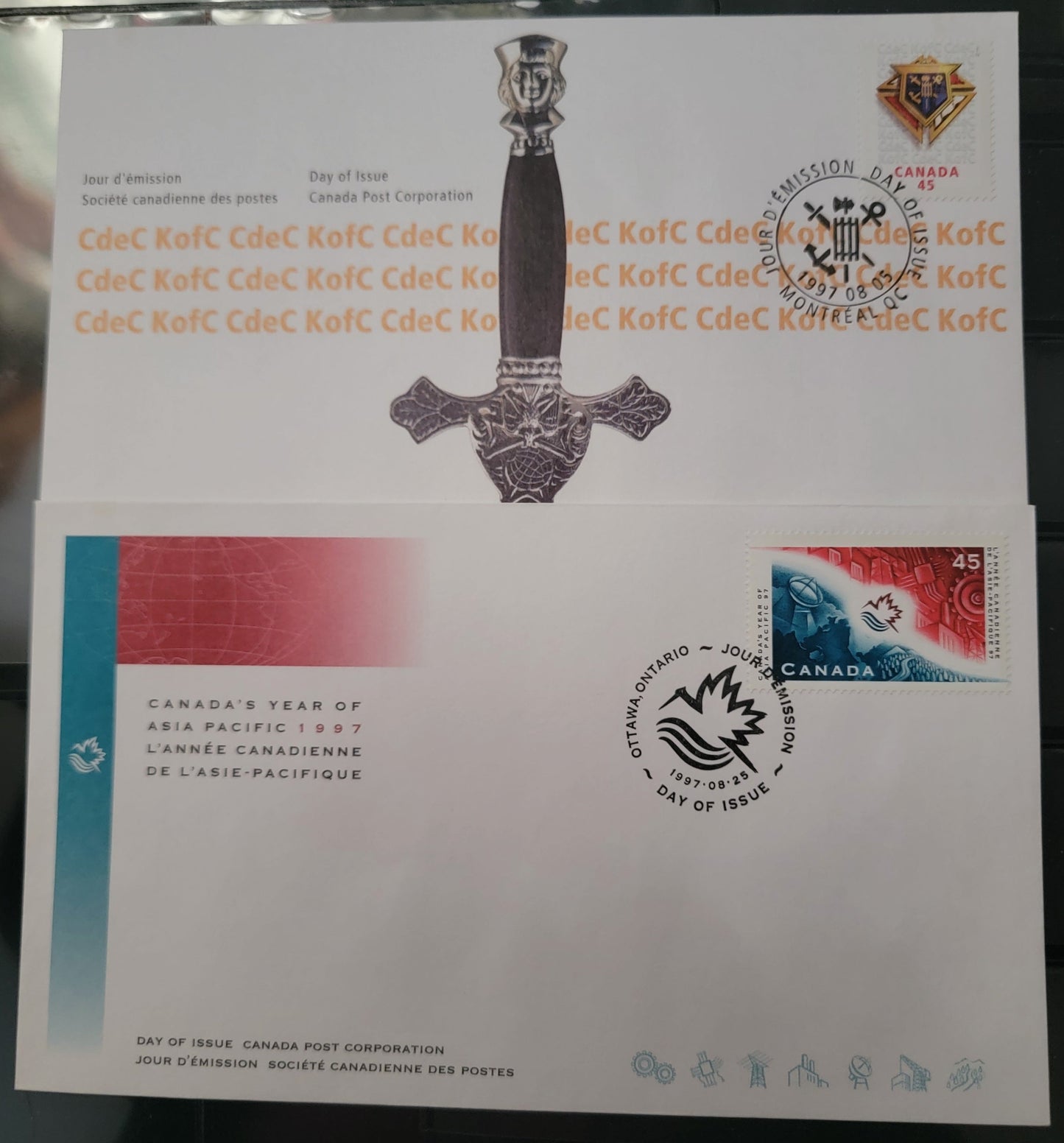 Canada #1656, 1658 45c Multicoloured Knights Of Columbis Emblem & Industry & Maps, 1997 Knights Of Columbus & Asia-Pacific Issues, 2 VF Canada Post FDC's Franked With Singles On HB Envelopes