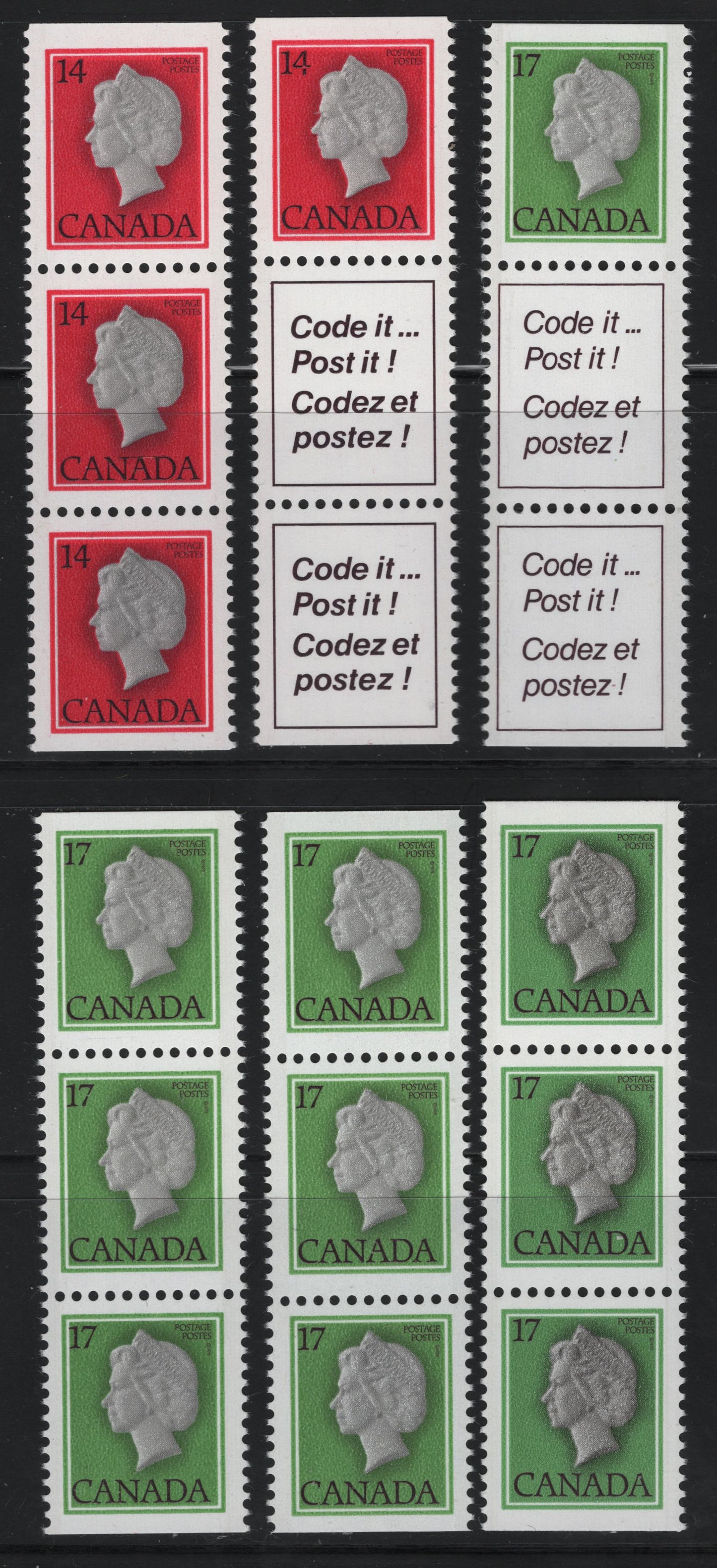 Lot 104 Canada #716a, as, 789a, as 14c & 17c Multicoloured Queen Elizabeth II, 1977-1985 Floral & Environment Issue, 6 VFNH Booklet Strips Of 3 On DF/LF and DF/DF Papers