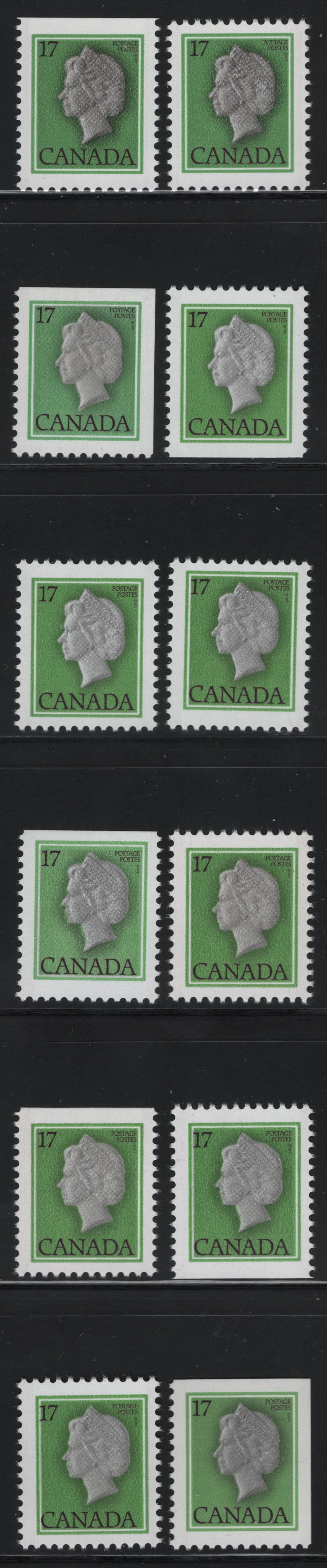 Lot 105 Canada #789a, as 17c Green, Dark Plum & Grey & Dark Green Queen Elizabeth II, 1977-1985 Floral & Environment Issue, 11 Fine & VFNH Booklet Singles On DF/DF, DF/LF And DF/F Papers, With Straight Edges & Perf All Around