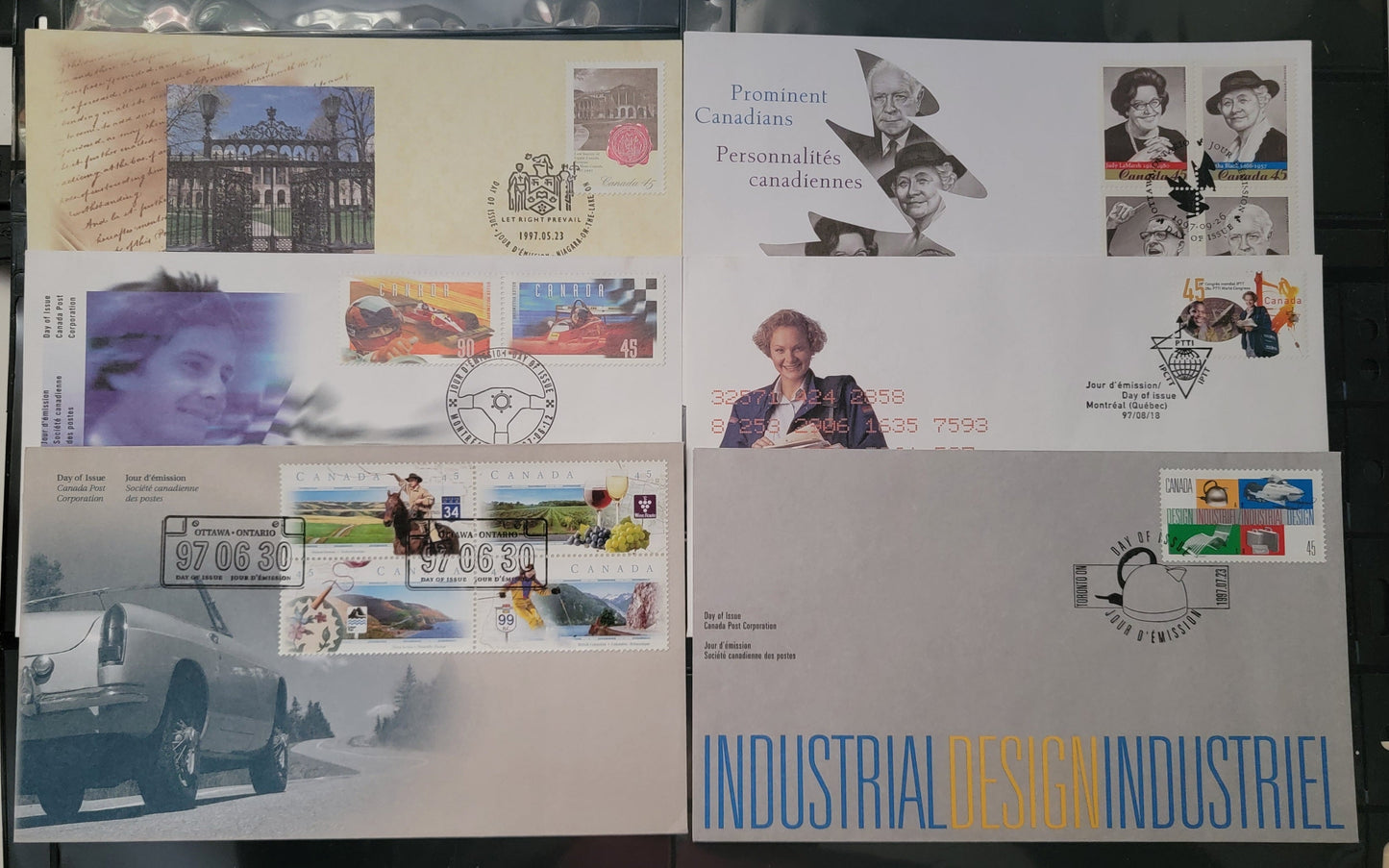 Canada #1640/1664 45c-90c Multicoloured Osgoode Hall - Real Caouette, 1997 The Law Society Of Upper Canada - Prominent Canadians Issues, 6 VF Canada Post FDC's Franked With Singles, Pairs & Blocks On HB Envelopes
