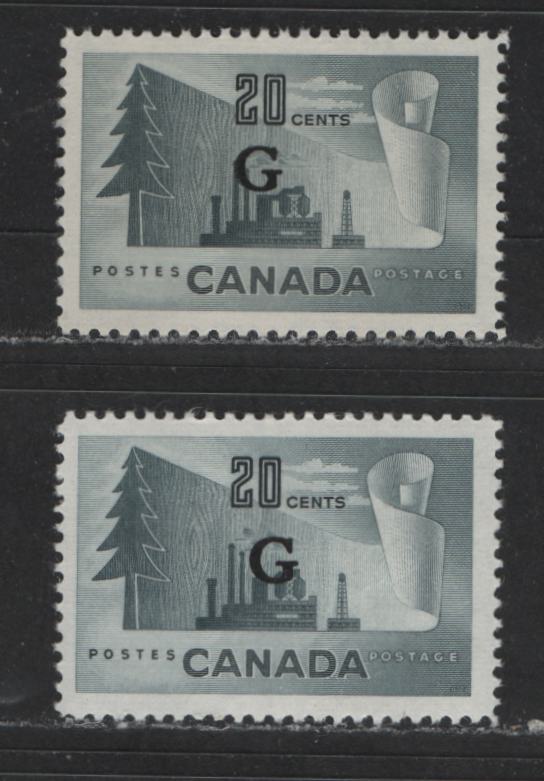 Canada #O30 20c Slate Newsprint Industry, 1950-1952 Natural Resources Issue, 2 VFOG & VFNH Singles 2 Different Shades: Slate & Bluish Slate, G Overprint, Horizontally Ribbed Paper, Smooth, Semi-Gloss Cream Gum