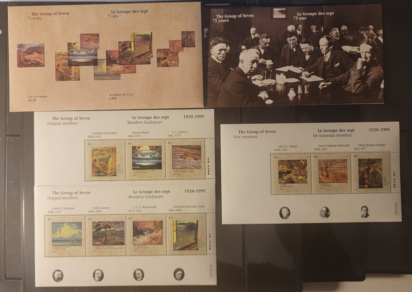 Canada #1559-1561 43c Multicoloured Franklin Carmichael - Edwin Healey Holgate, 1995 Canada Day: Group Of Seven Issue, 3 VFNH Souvenir Sheets Complete Set In Cardboard Folder With Information Booklet, Weak Tagging