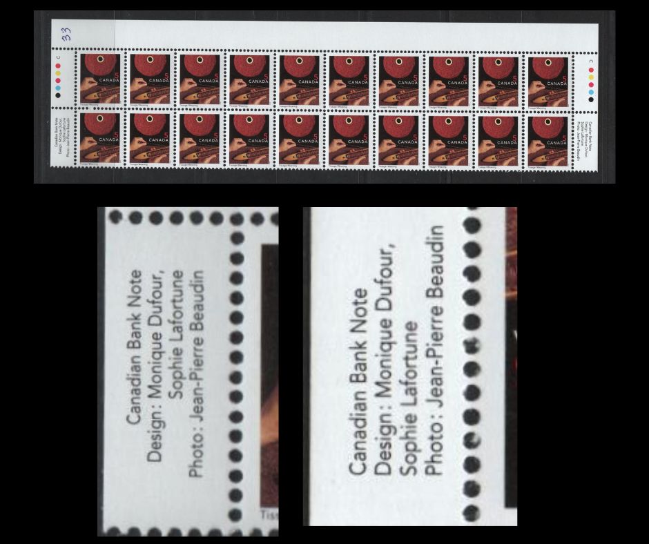 Lot 144 (C) Canada #1677ivar 5c Multicoloured Weaving, 1999-2007 Traditional Trades Definitives, A VFNH Top Inscription Block Of 20 February 2001 CBN Reprint With Imperforate Selvedge, No Barcode & 0.5mm Leftward Shift Of Right Inscriptions