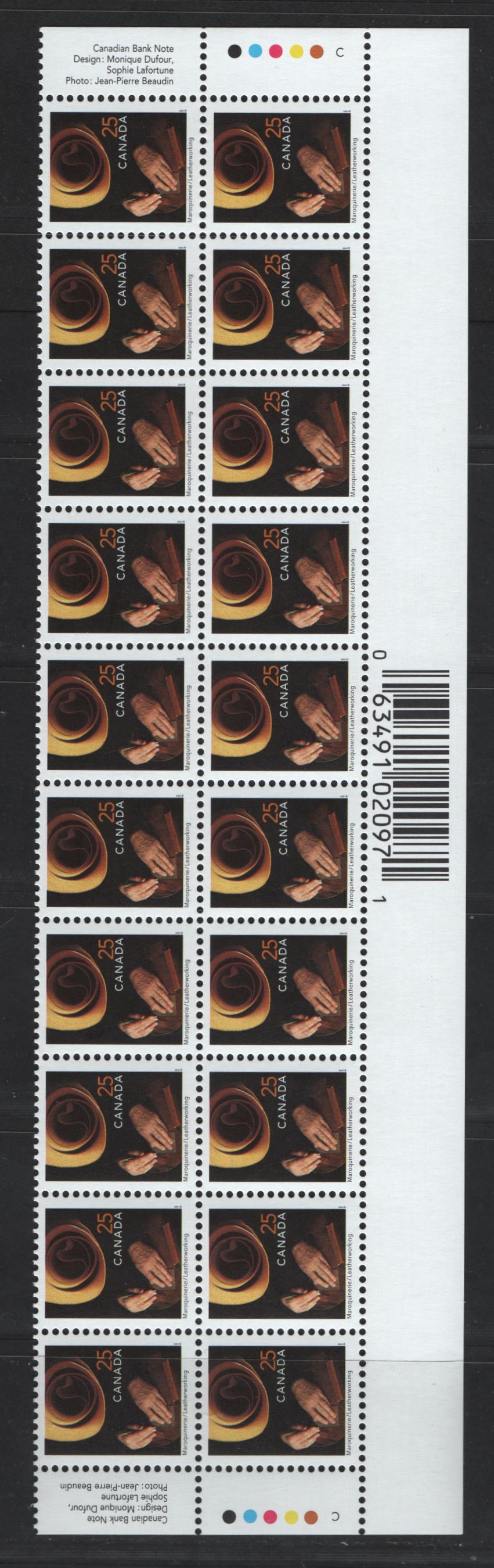 Lot 145 Canada #1680ii 25c Multicoloured Leatherworking, 1999-2007 Traditional Trades Definitives, A VFNH Bottom Inscription Block Of 20 December 2001 CBN Reprint With Imperforate Selvedge And Inverted Barcode
