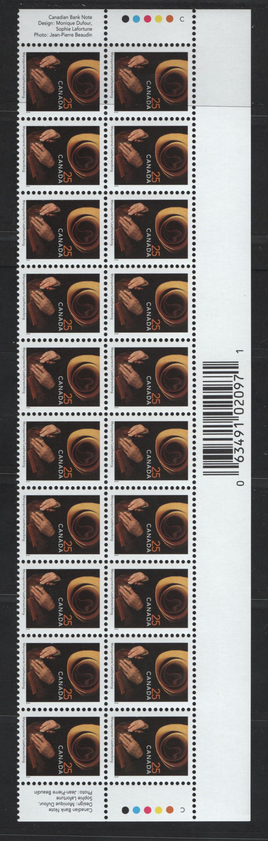 Lot 145 (C) Canada #1680ii 25c Multicoloured Leatherworking, 1999-2007 Traditional Trades Definitives, A VFNH Bottom Inscription Block Of 20 December 2001 CBN Reprint With Imperforate Selvedge And Inverted Barcode