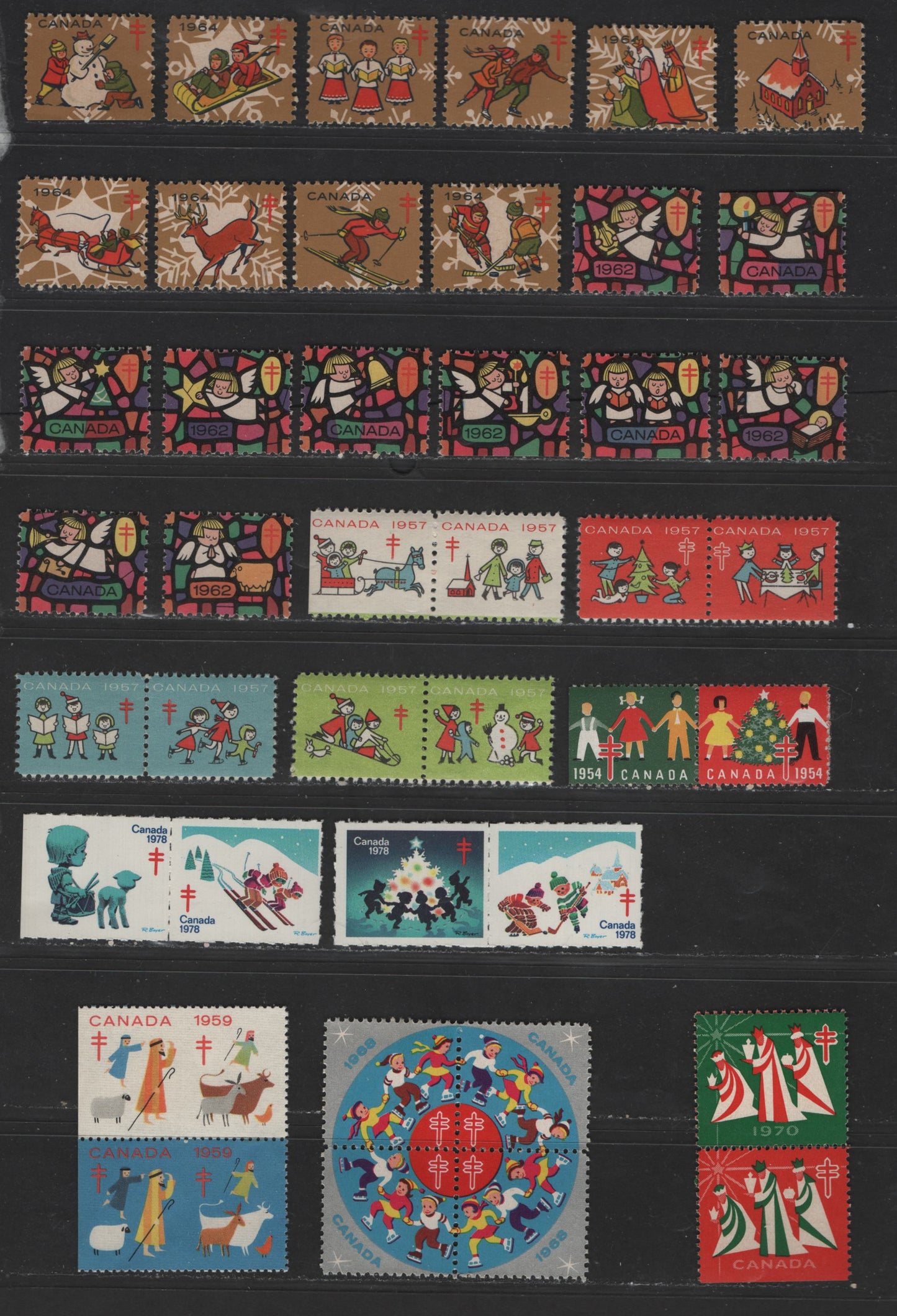 Canada #WX53/WX77 Multicoloured Various Christmas Designs, 1954-1978 Christmas Seal Issue, 20 VFNH Singles, 9 Pairs & Block