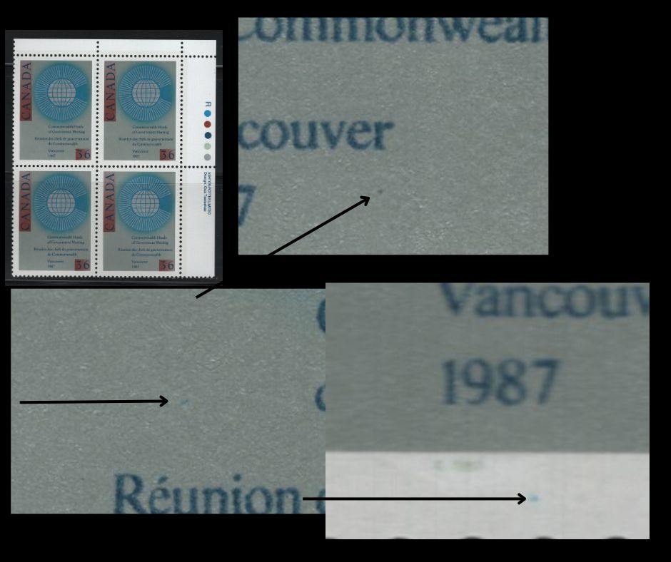 Lot 135 Canada #1147var 36c Multicoloured Commonwealth Emblem, 1987 CHG Issue, A VFNH UR Inscription Block On LF3/LF3 Rolland Paper With Three Constant Varieties (Pos. 9-10 & 20)